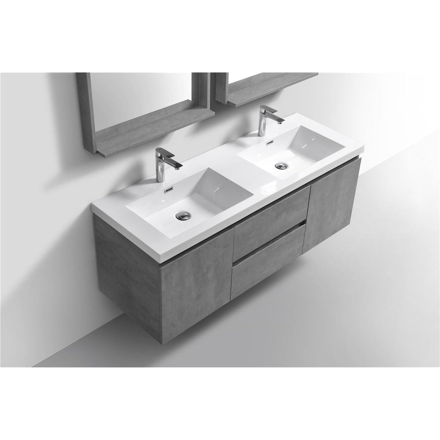 Boho Elegance 60&quot; Cement Gray Wall-Mounted Vanity With Double Reinforced White Acrylic Sinks