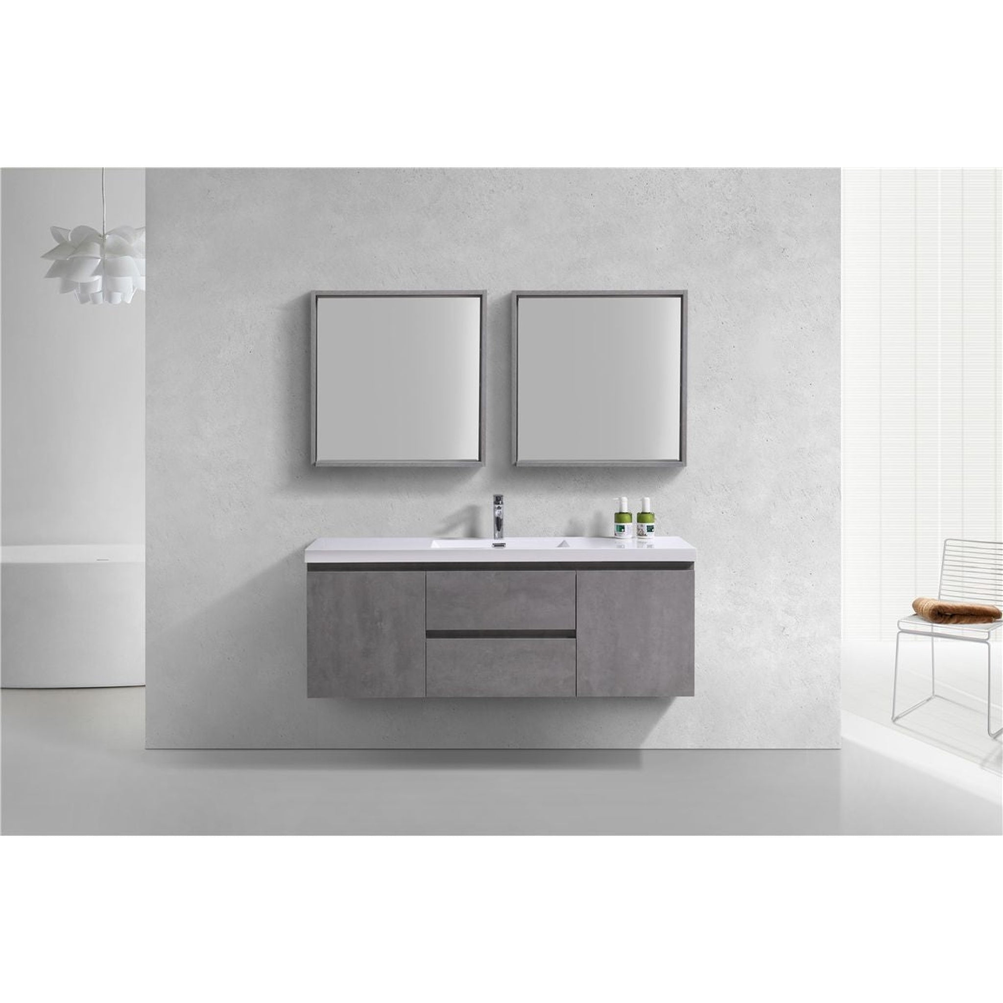 Boho Elegance 60&quot; Cement Gray Wall Mounted Vanity With Single Reinforced White Acrylic Sink