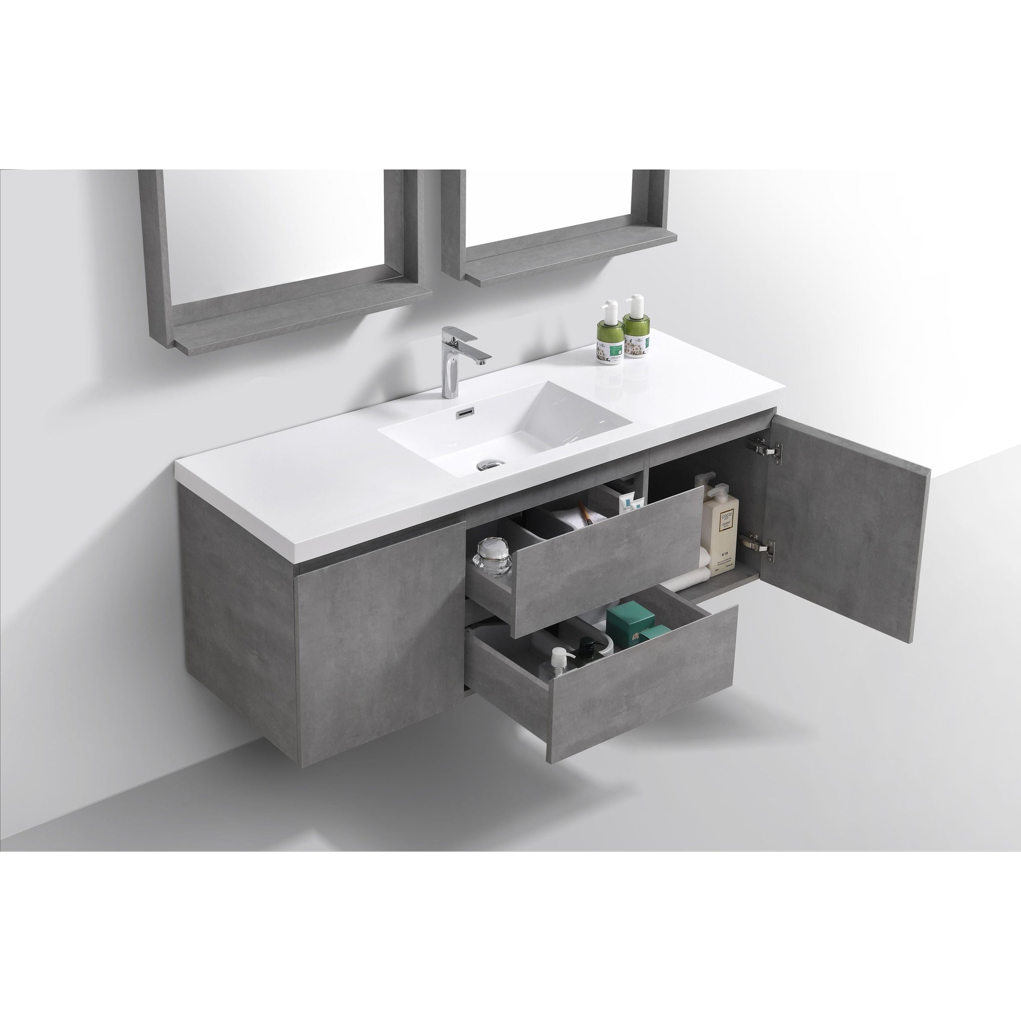 Boho Elegance 60&quot; Cement Gray Wall Mounted Vanity With Single Reinforced White Acrylic Sink