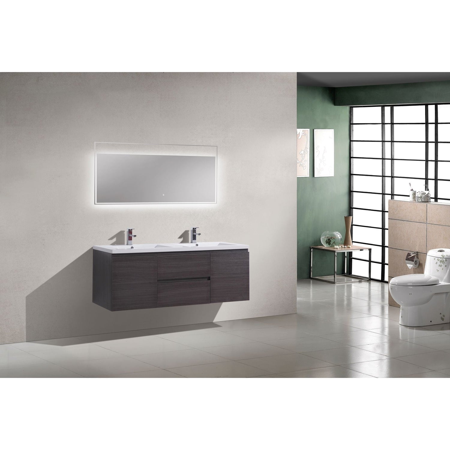 Boho Elegance 60&quot; Dark Gray Oak Wall-Mounted Vanity With Double Reinforced White Acrylic Sinks