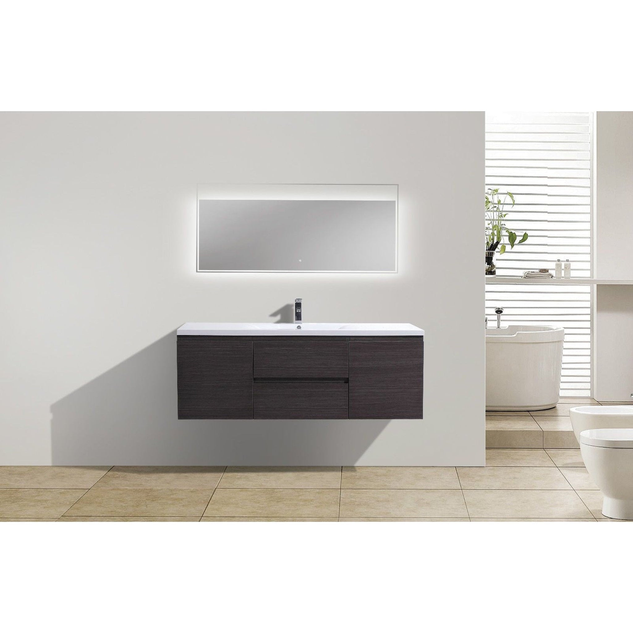 Boho Elegance 60&quot; Dark Gray Oak Wall-Mounted Vanity With Single Reinforced White Acrylic Sink