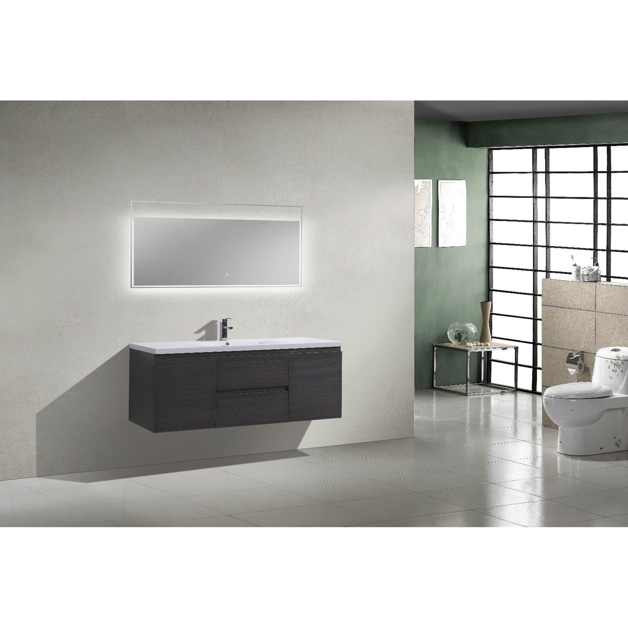 Boho Elegance 60&quot; Dark Gray Oak Wall-Mounted Vanity With Single Reinforced White Acrylic Sink