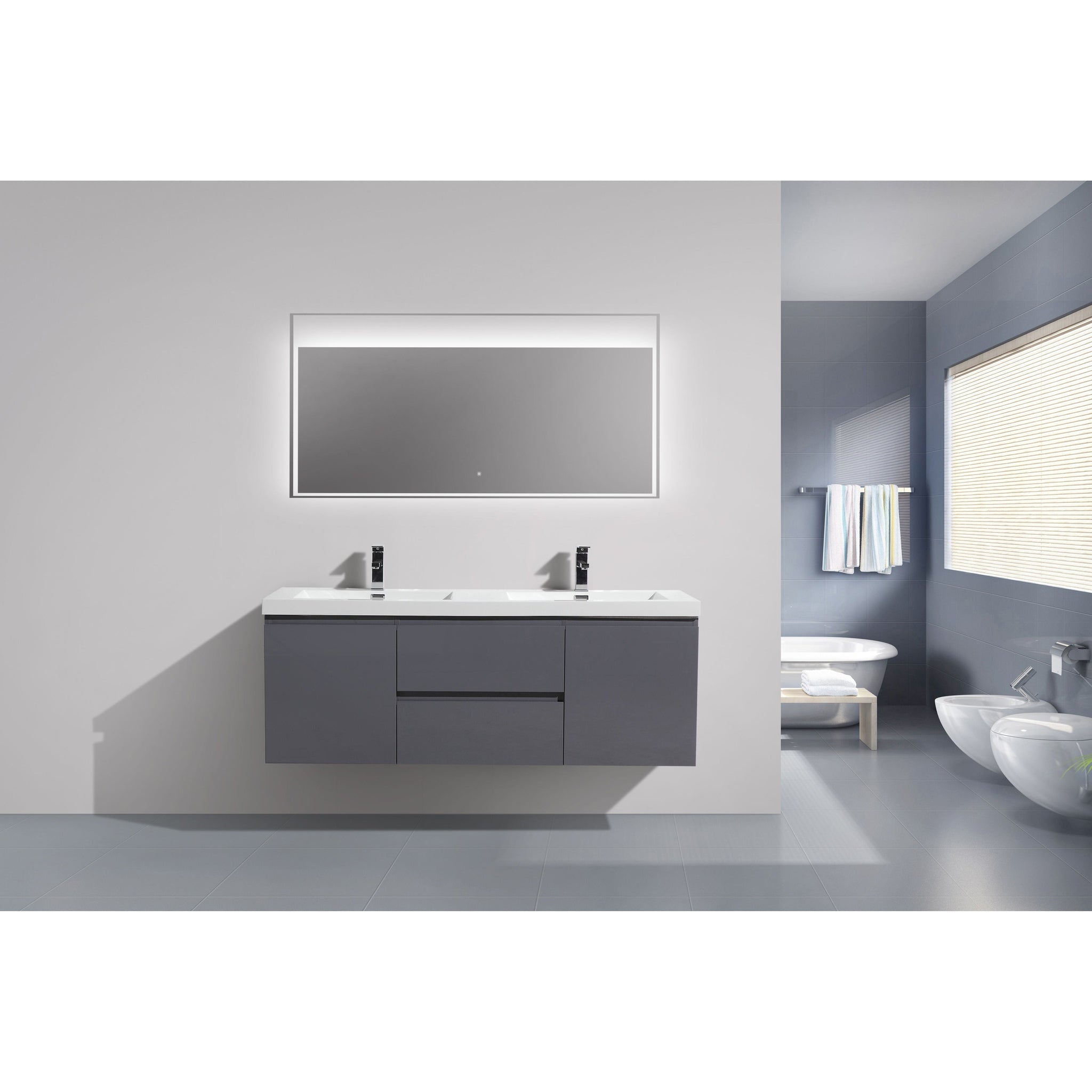 Boho Elegance 60&quot; High Gloss Gray Wall-Mounted Vanity With Double Reinforced White Acrylic Sinks