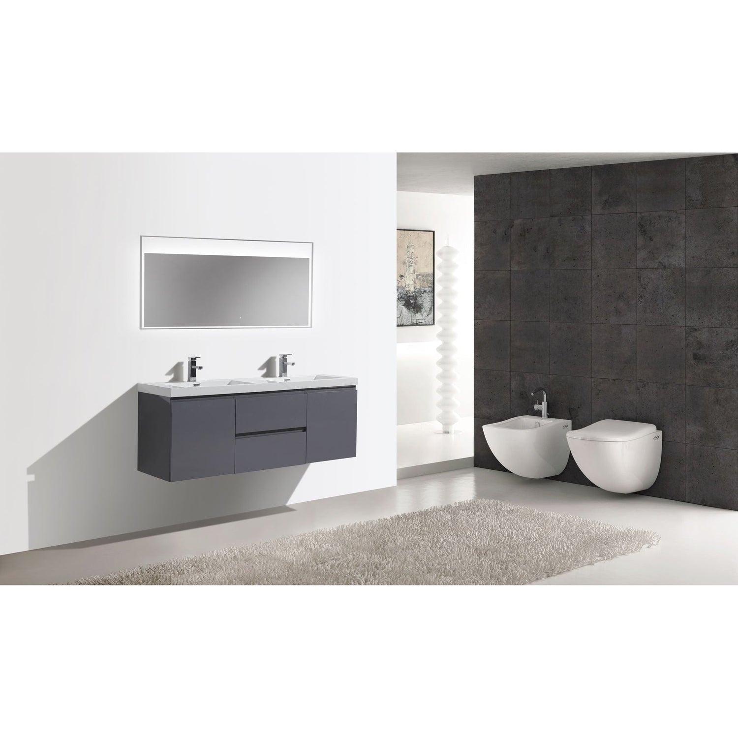 Boho Elegance 60&quot; High Gloss Gray Wall-Mounted Vanity With Double Reinforced White Acrylic Sinks