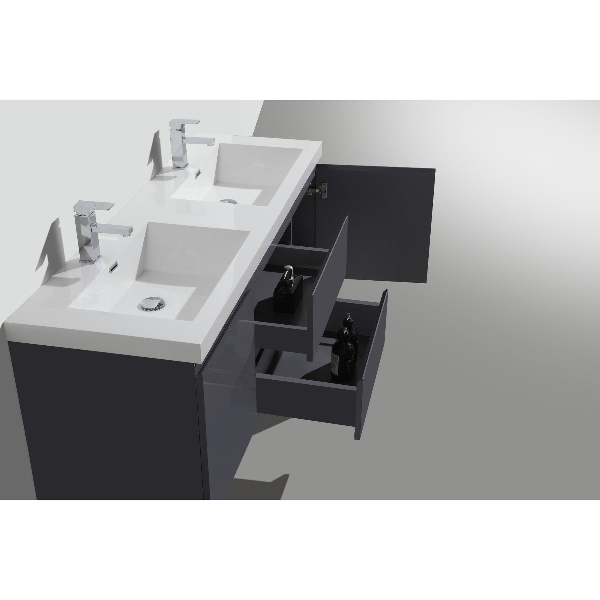 Boho Elegance 60&quot; High Gloss Gray Wall-Mounted Vanity With Double Reinforced White Acrylic Sinks