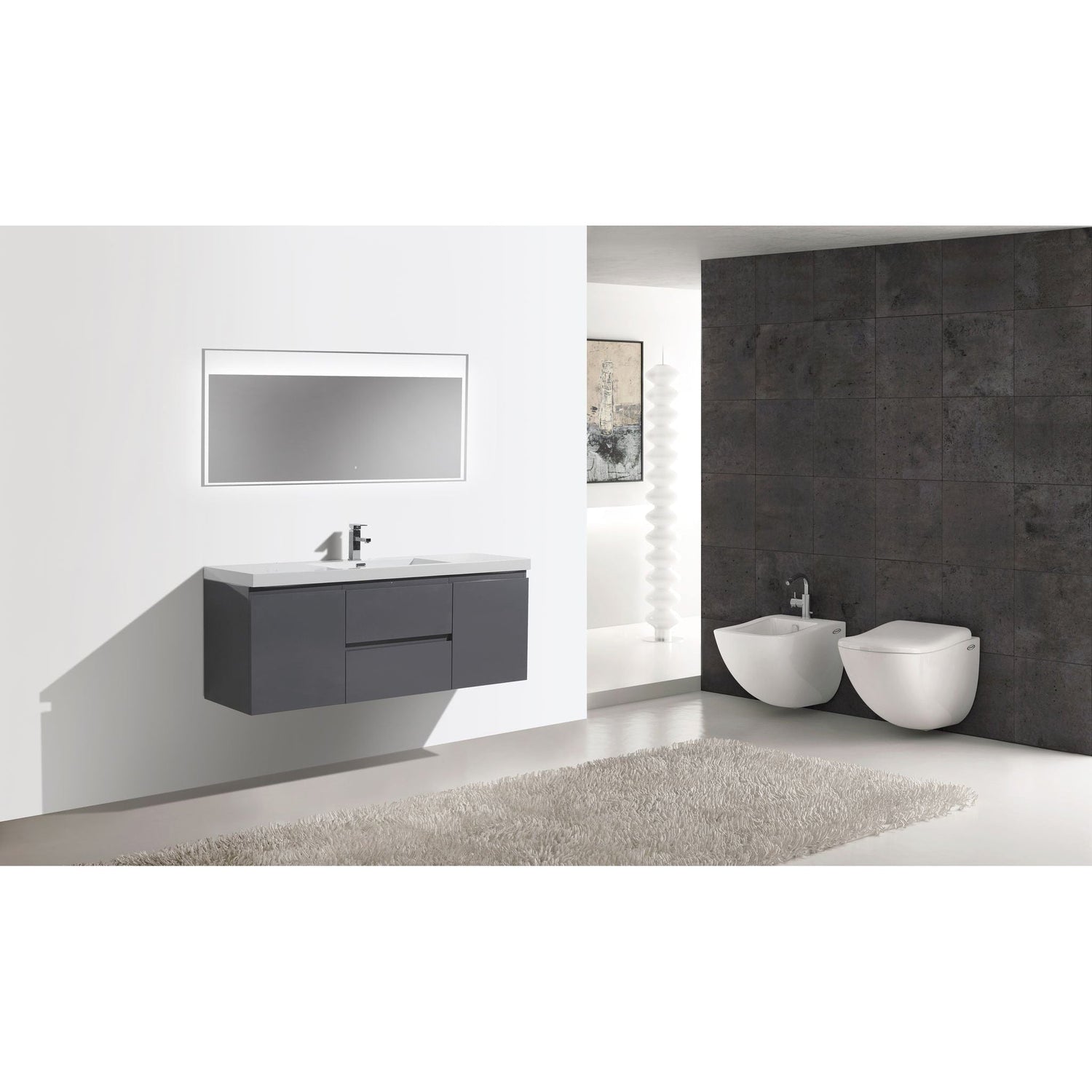 Boho Elegance 60&quot; High Gloss Gray Wall-Mounted Vanity With Single Reinforced White Acrylic Sink