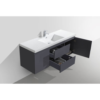 Boho Elegance 60&quot; High Gloss Gray Wall-Mounted Vanity With Single Reinforced White Acrylic Sink