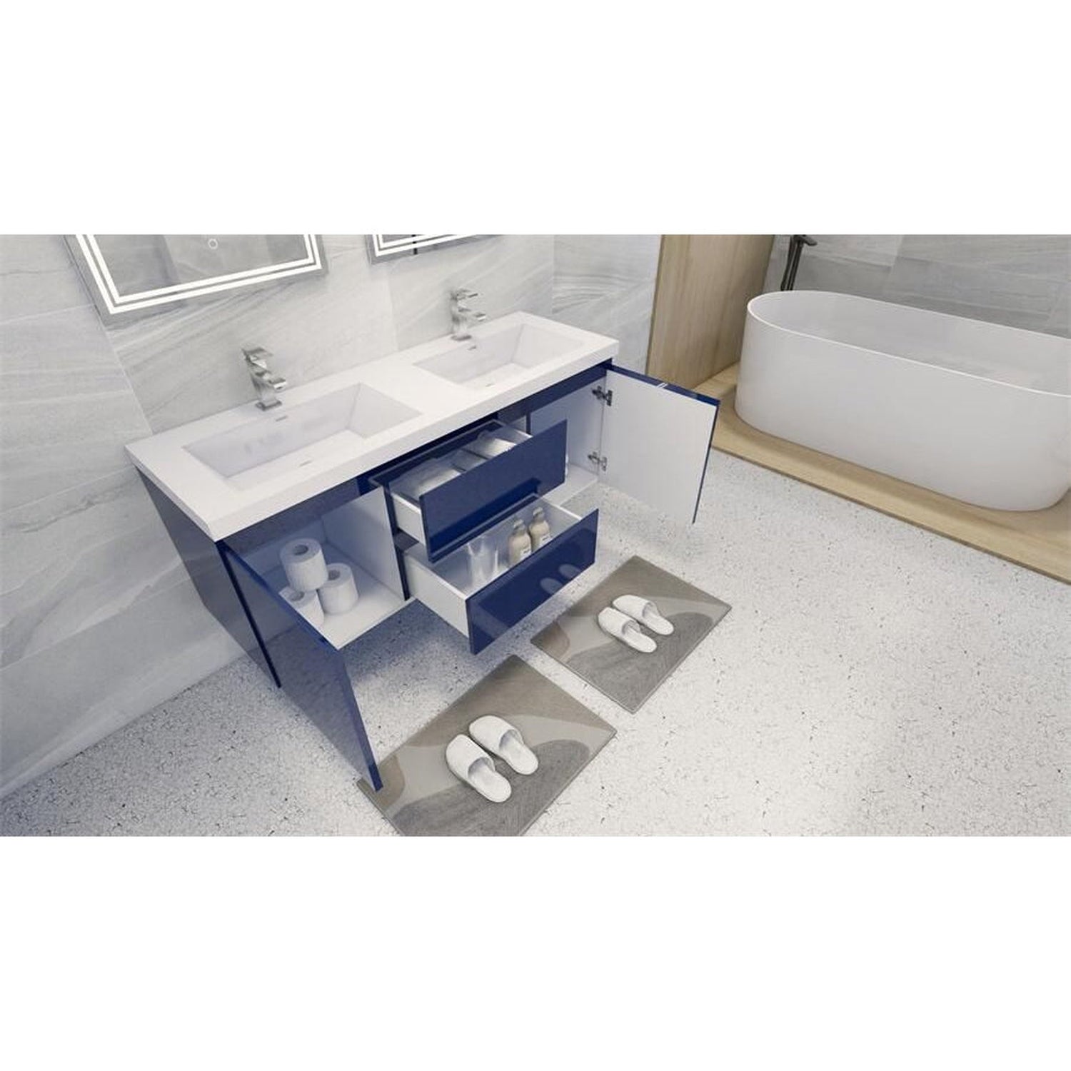 Boho Elegance 60&quot; High Gloss Night Blue Wall-Mounted Vanity With Double Reinforced White Acrylic Sinks