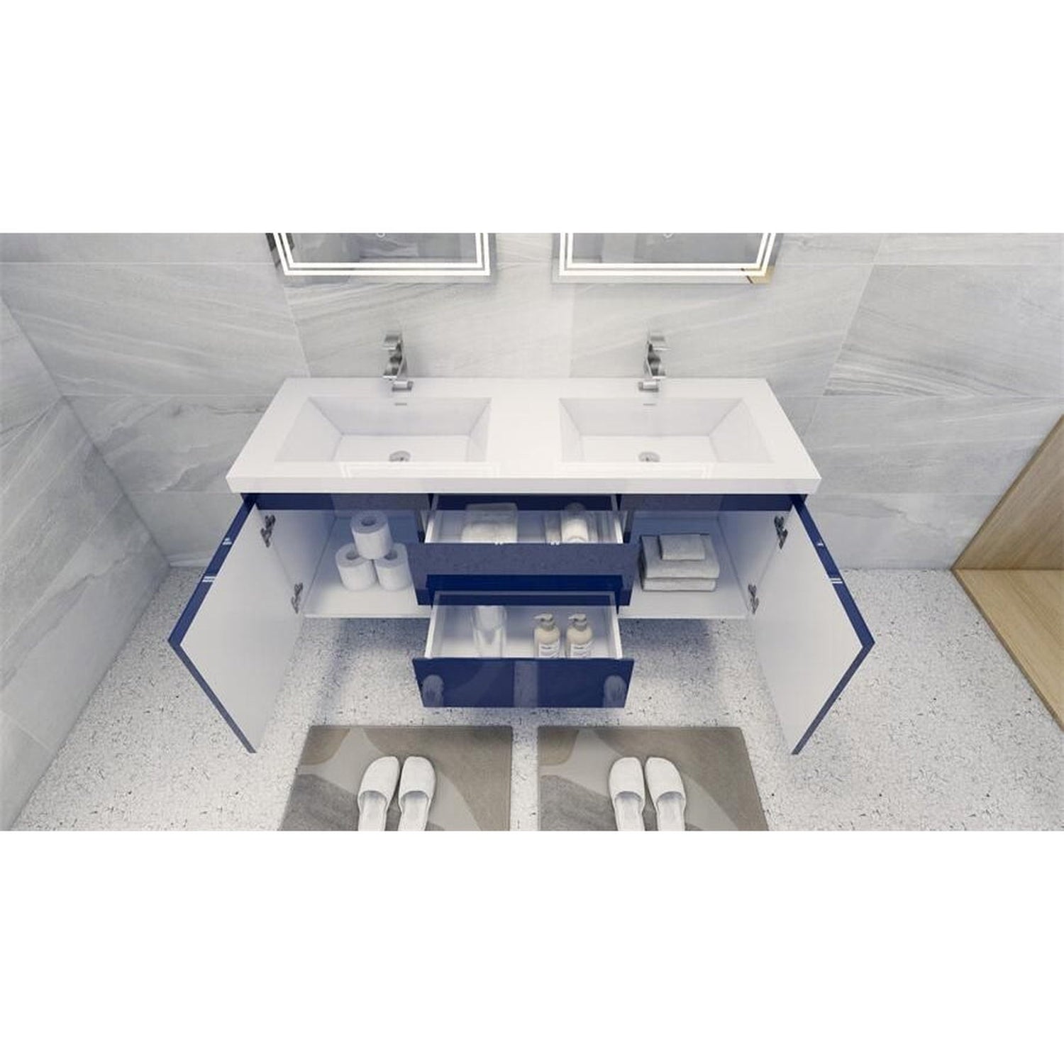 Boho Elegance 60&quot; High Gloss Night Blue Wall-Mounted Vanity With Double Reinforced White Acrylic Sinks