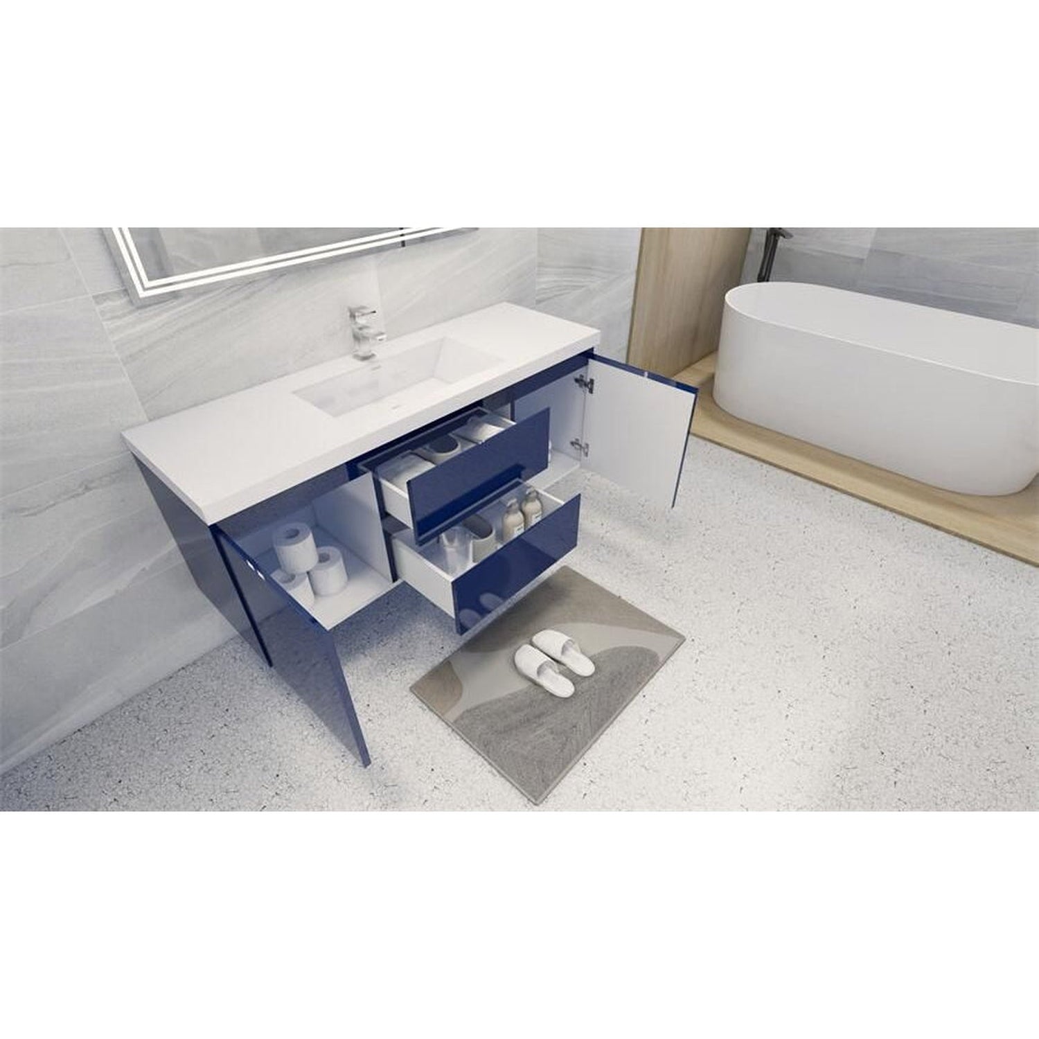 Boho Elegance 60&quot; High Gloss Night Blue Wall-Mounted Vanity With Single Reinforced White Acrylic Sink