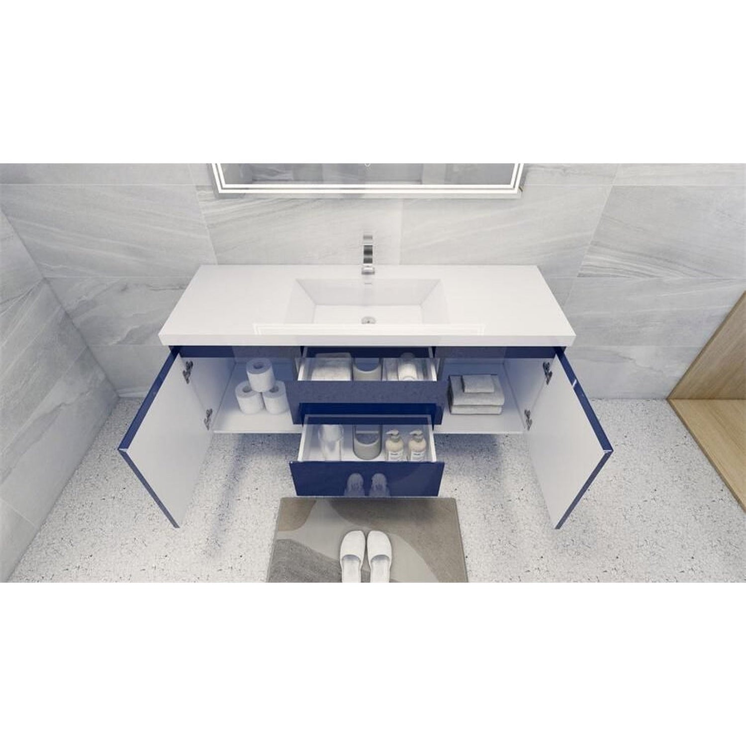 Boho Elegance 60&quot; High Gloss Night Blue Wall-Mounted Vanity With Single Reinforced White Acrylic Sink