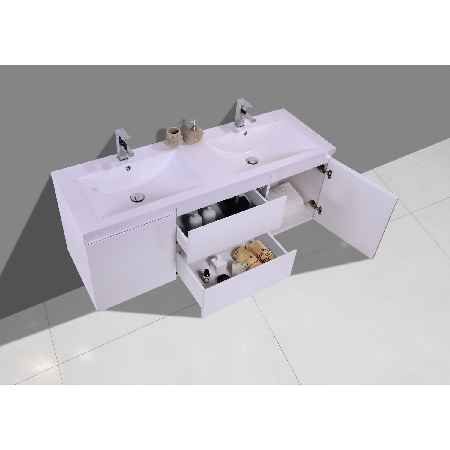 Boho Elegance 60&quot; High Gloss White Wall-Mounted Vanity With Double Reinforced White Acrylic Sinks