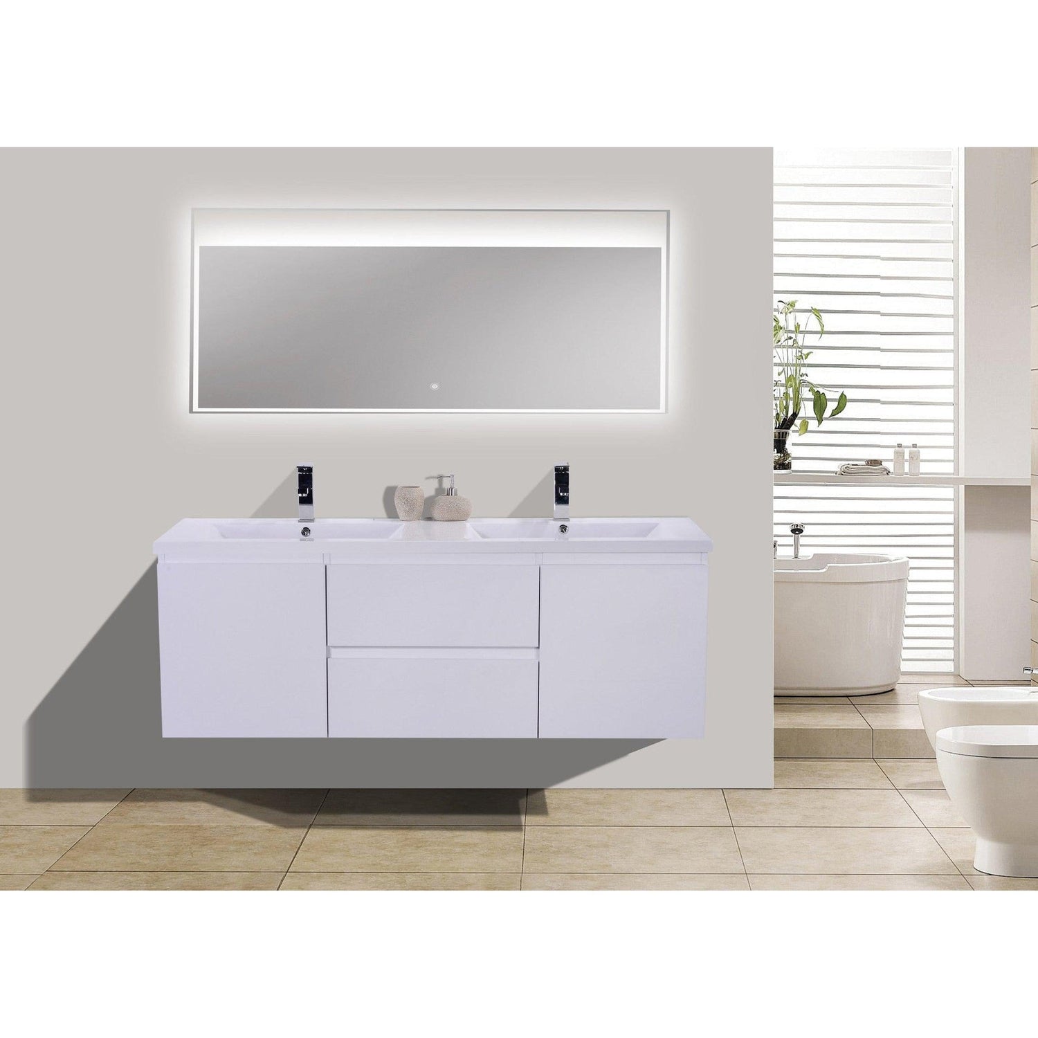 Boho Elegance 60&quot; High Gloss White Wall-Mounted Vanity With Double Reinforced White Acrylic Sinks