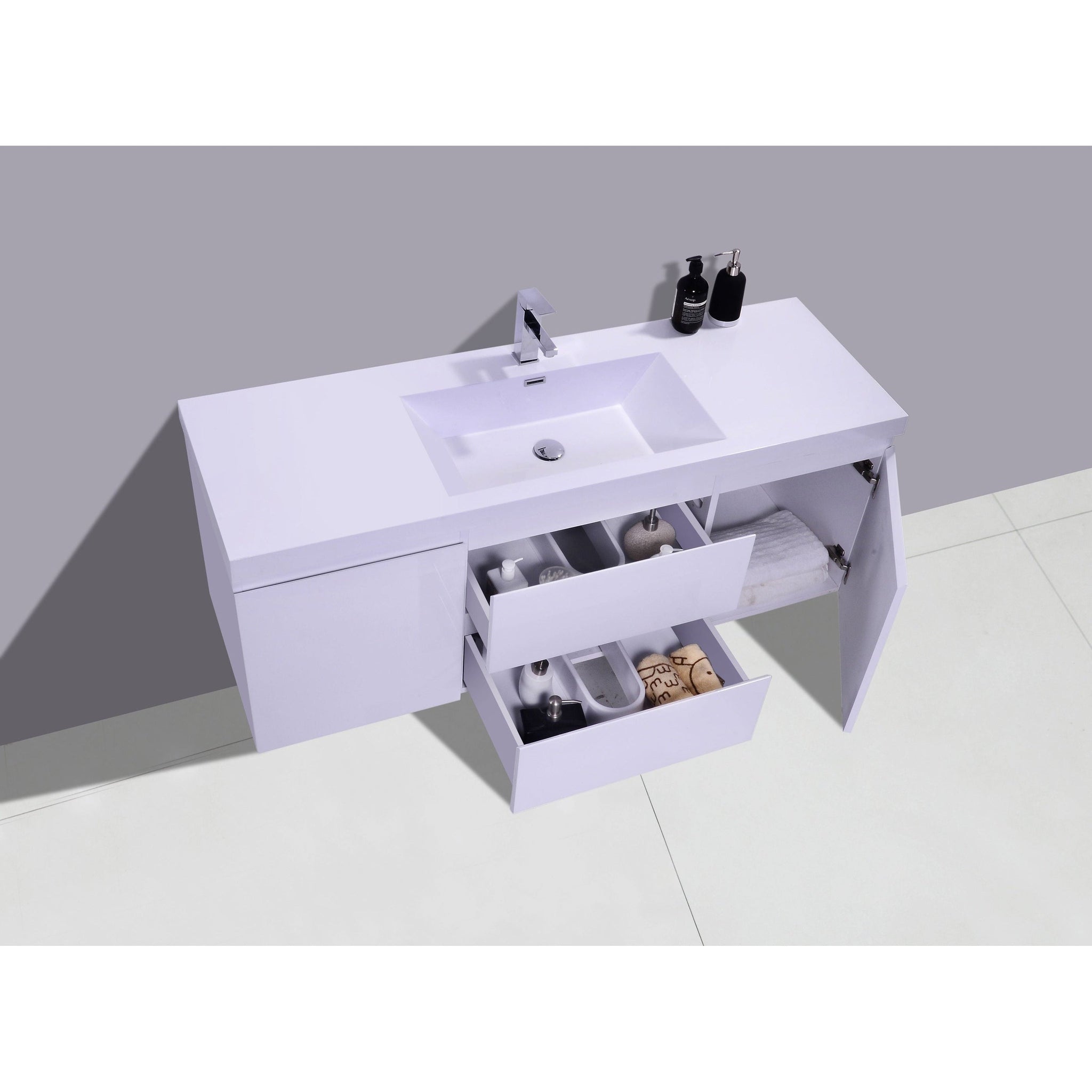 Boho Elegance 60&quot; High Gloss White Wall-Mounted Vanity With Single Reinforced White Acrylic Sink