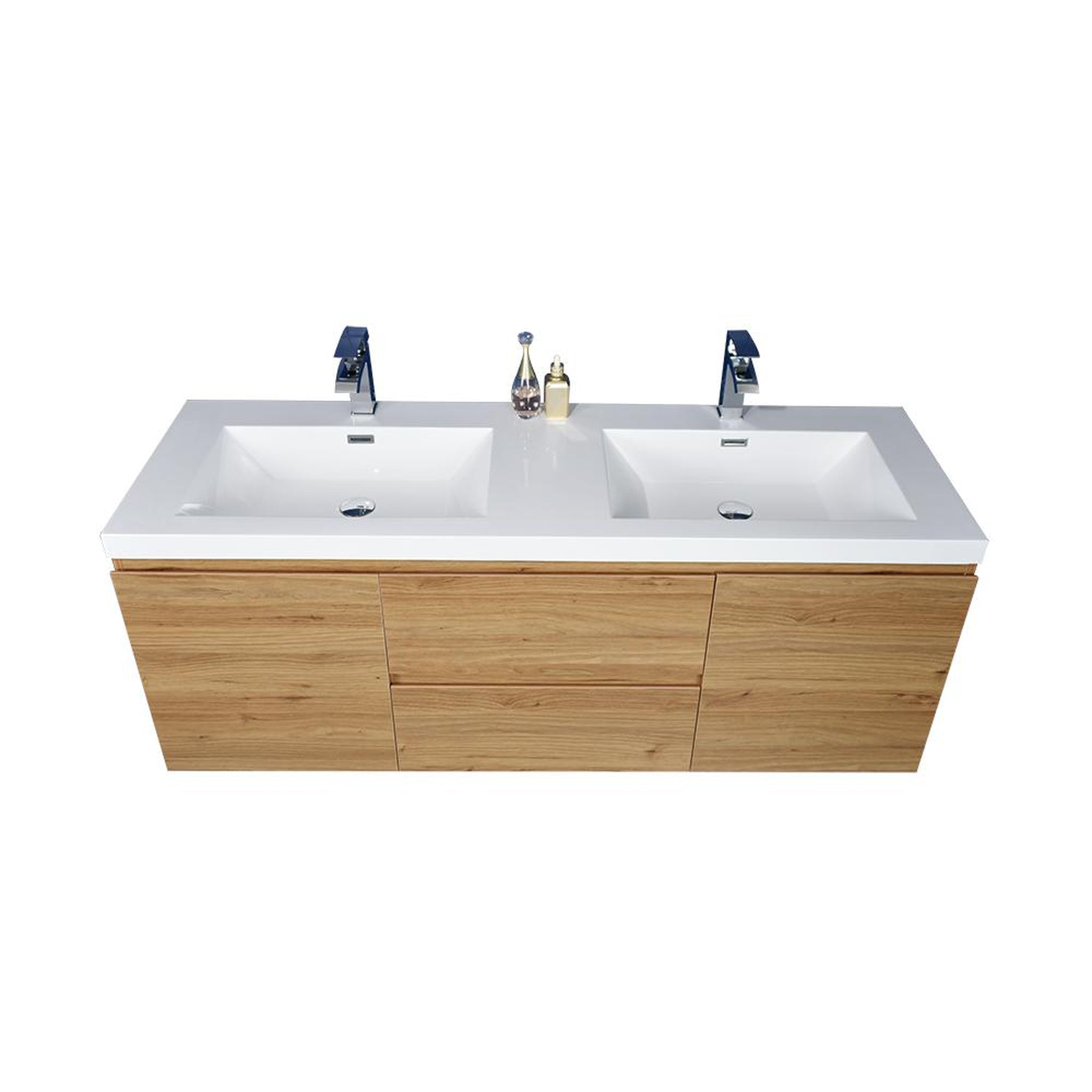 Boho Elegance 60&quot; Nature Oak Wall-Mounted Vanity With Double Reinforced White Acrylic Sinks