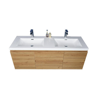 Boho Elegance 60&quot; Nature Oak Wall-Mounted Vanity With Double Reinforced White Acrylic Sinks