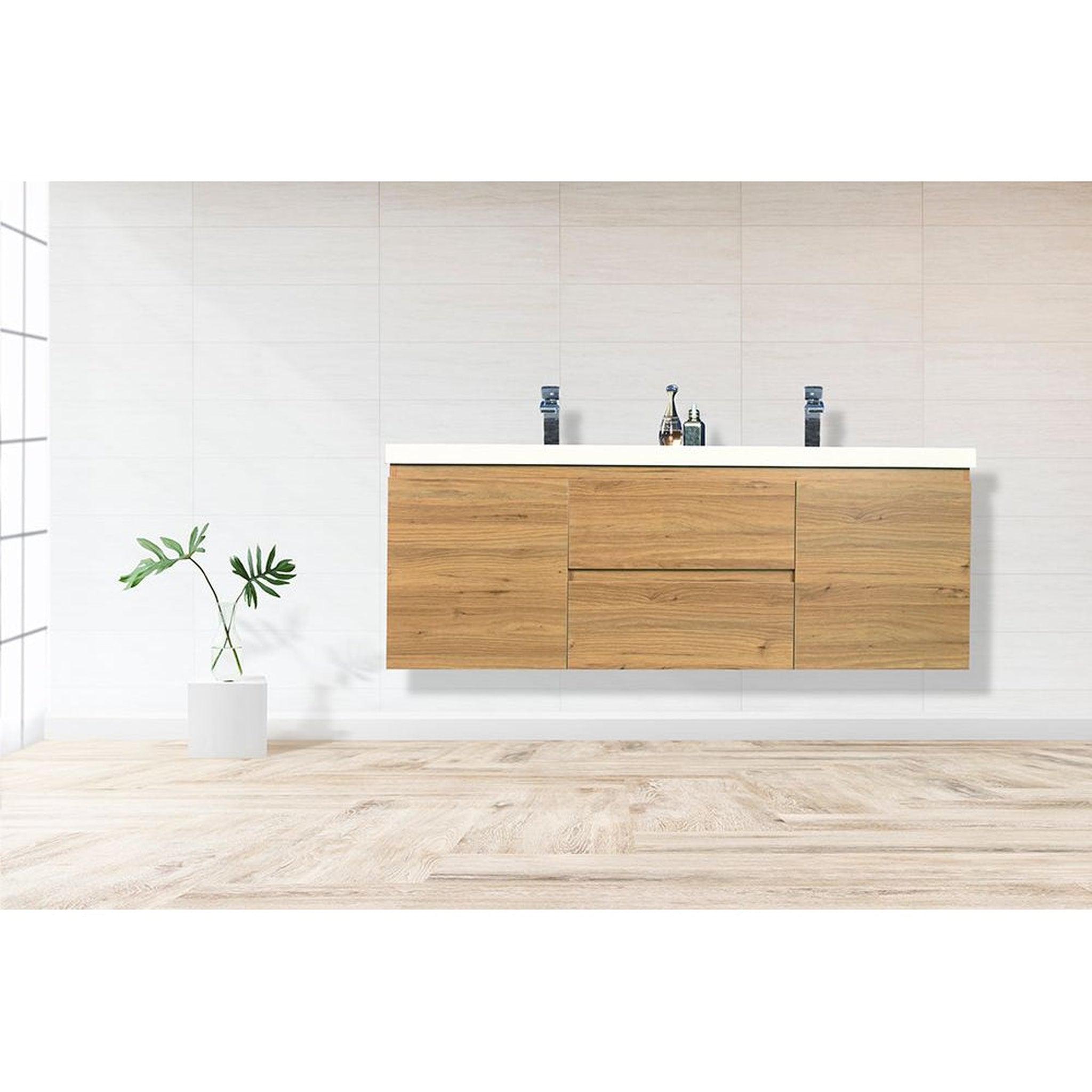 Boho Elegance 60&quot; Nature Oak Wall-Mounted Vanity With Double Reinforced White Acrylic Sinks