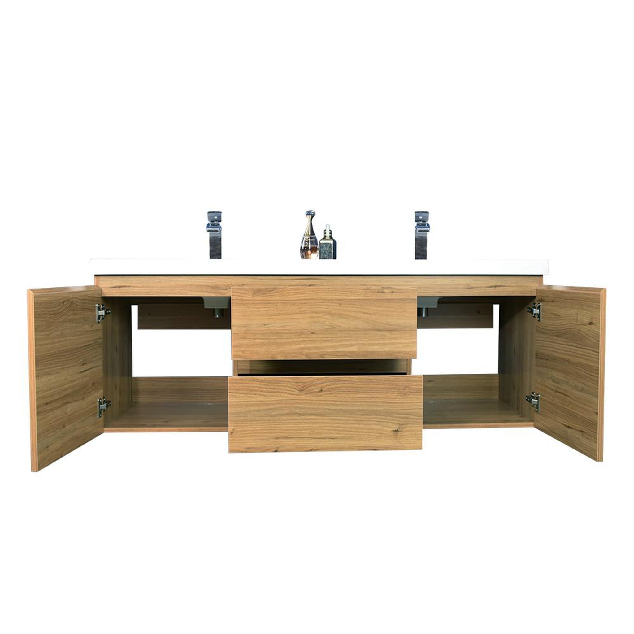 Boho Elegance 60&quot; Nature Oak Wall-Mounted Vanity With Double Reinforced White Acrylic Sinks