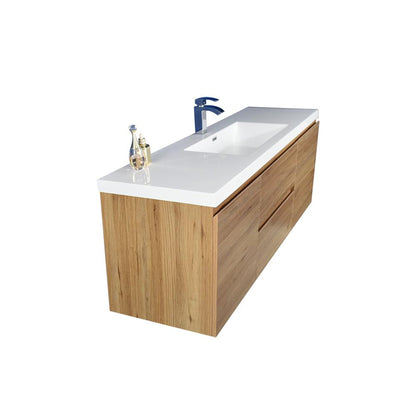 Boho Elegance 60&quot; Nature Oak Wall-Mounted Vanity With Single Reinforced White Acrylic Sink