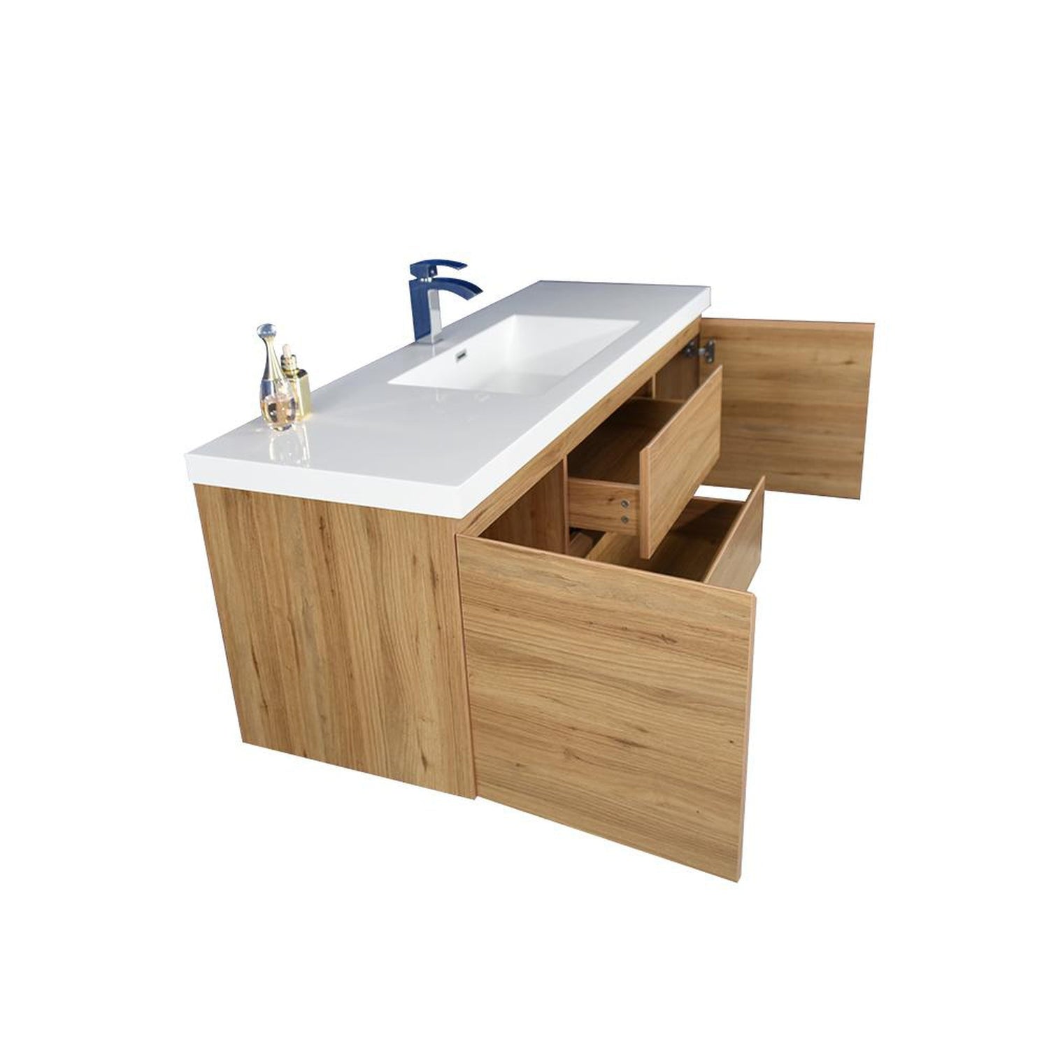 Boho Elegance 60&quot; Nature Oak Wall-Mounted Vanity With Single Reinforced White Acrylic Sink