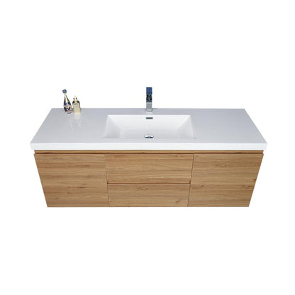 Boho Elegance 60&quot; Nature Oak Wall-Mounted Vanity With Single Reinforced White Acrylic Sink