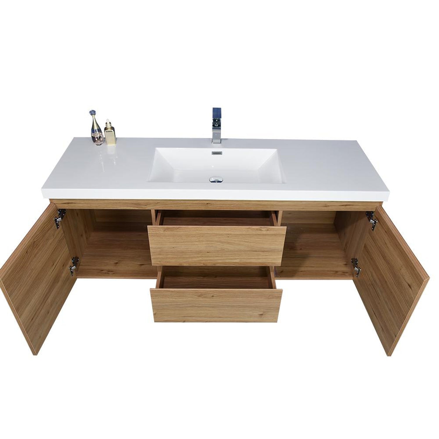 Boho Elegance 60&quot; Nature Oak Wall-Mounted Vanity With Single Reinforced White Acrylic Sink