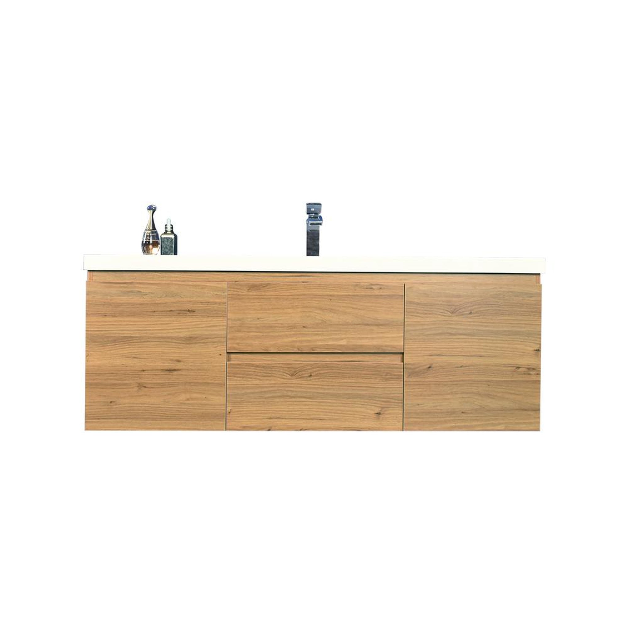 Boho Elegance 60&quot; Nature Oak Wall-Mounted Vanity With Single Reinforced White Acrylic Sink