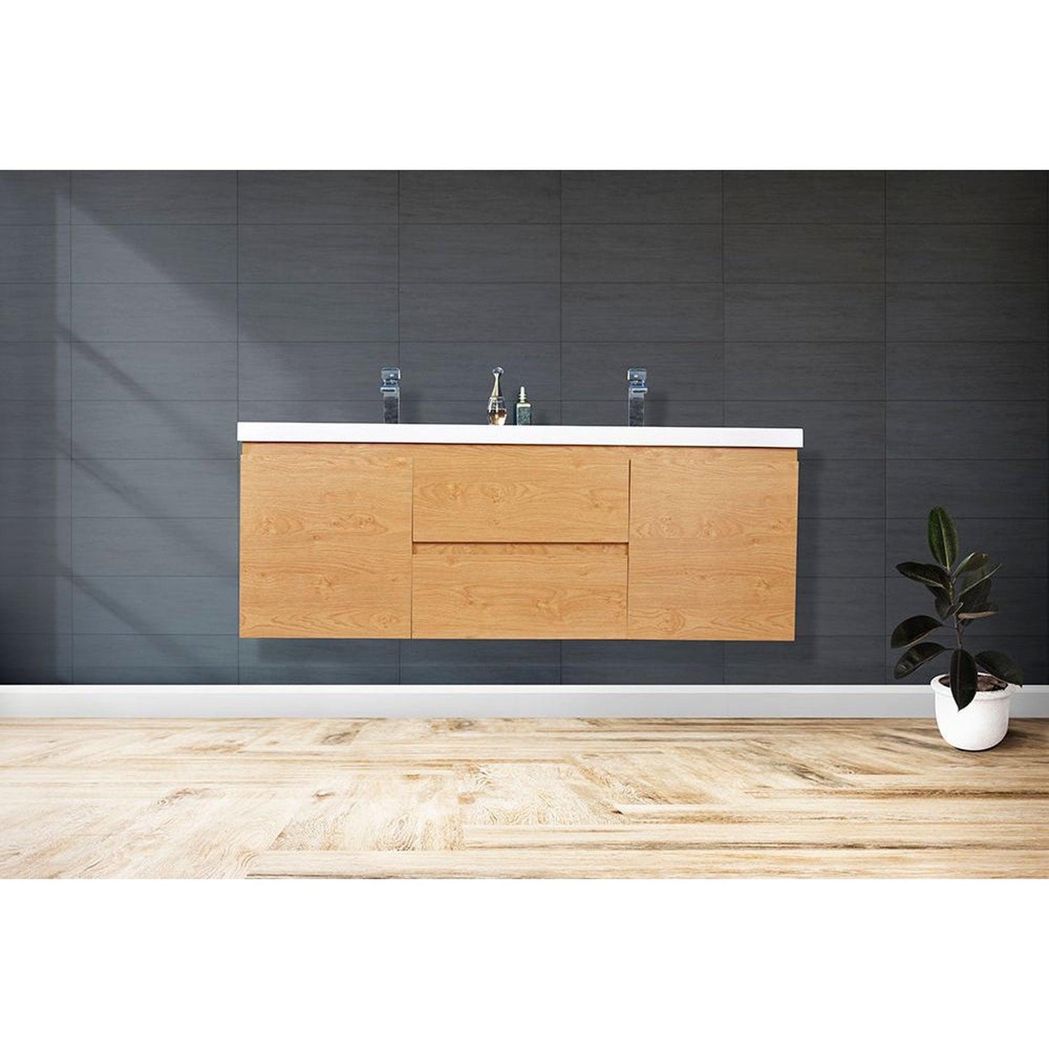 Boho Elegance 60&quot; New England Oak Wall-Mounted Vanity With Double Reinforced White Acrylic Sinks