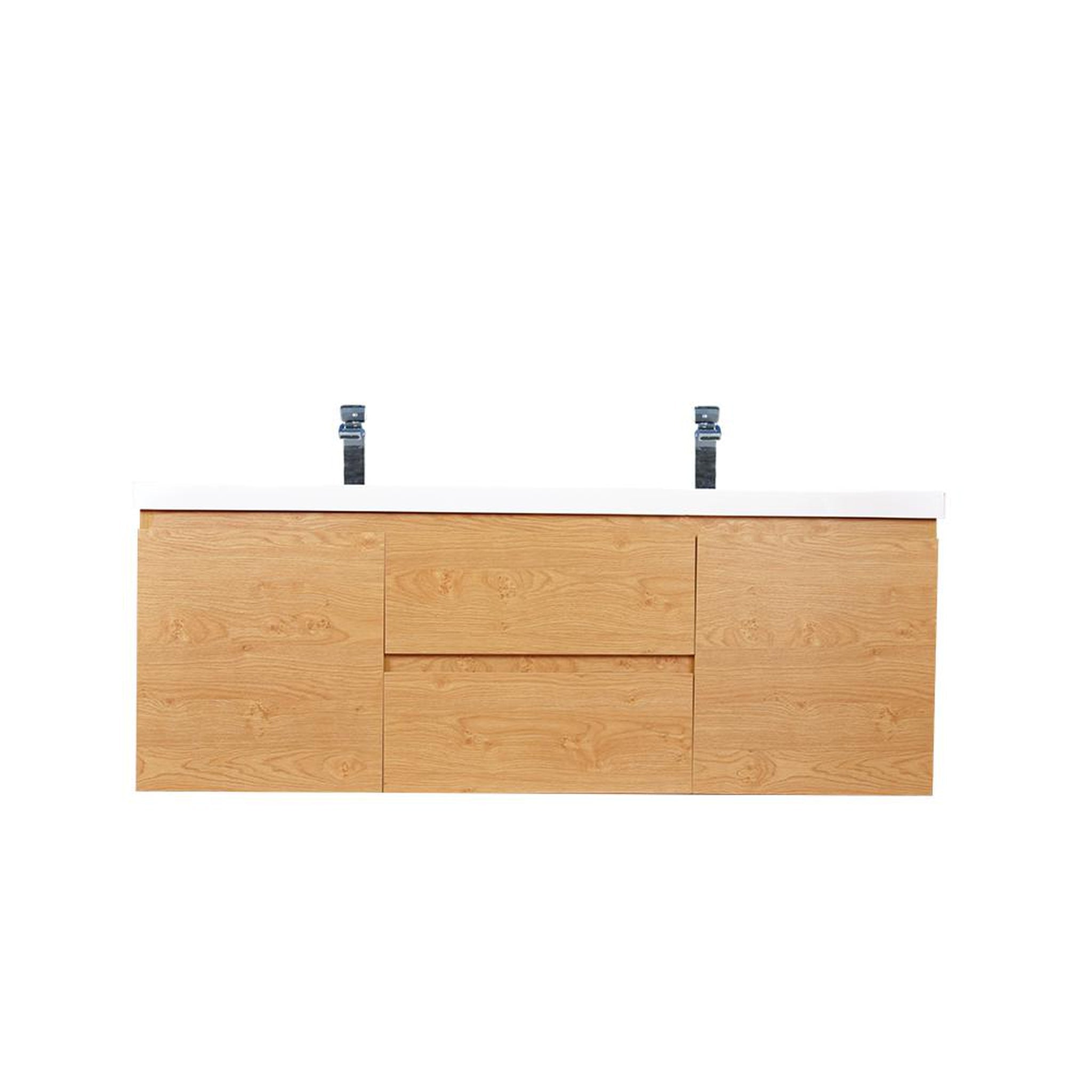 Boho Elegance 60&quot; New England Oak Wall-Mounted Vanity With Double Reinforced White Acrylic Sinks