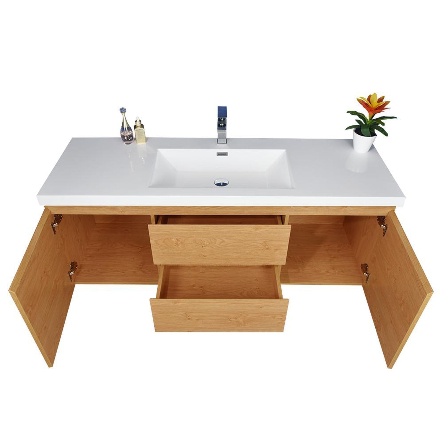 Boho Elegance 60&quot; New England Oak Wall-Mounted Vanity With Single Reinforced White Acrylic Sink