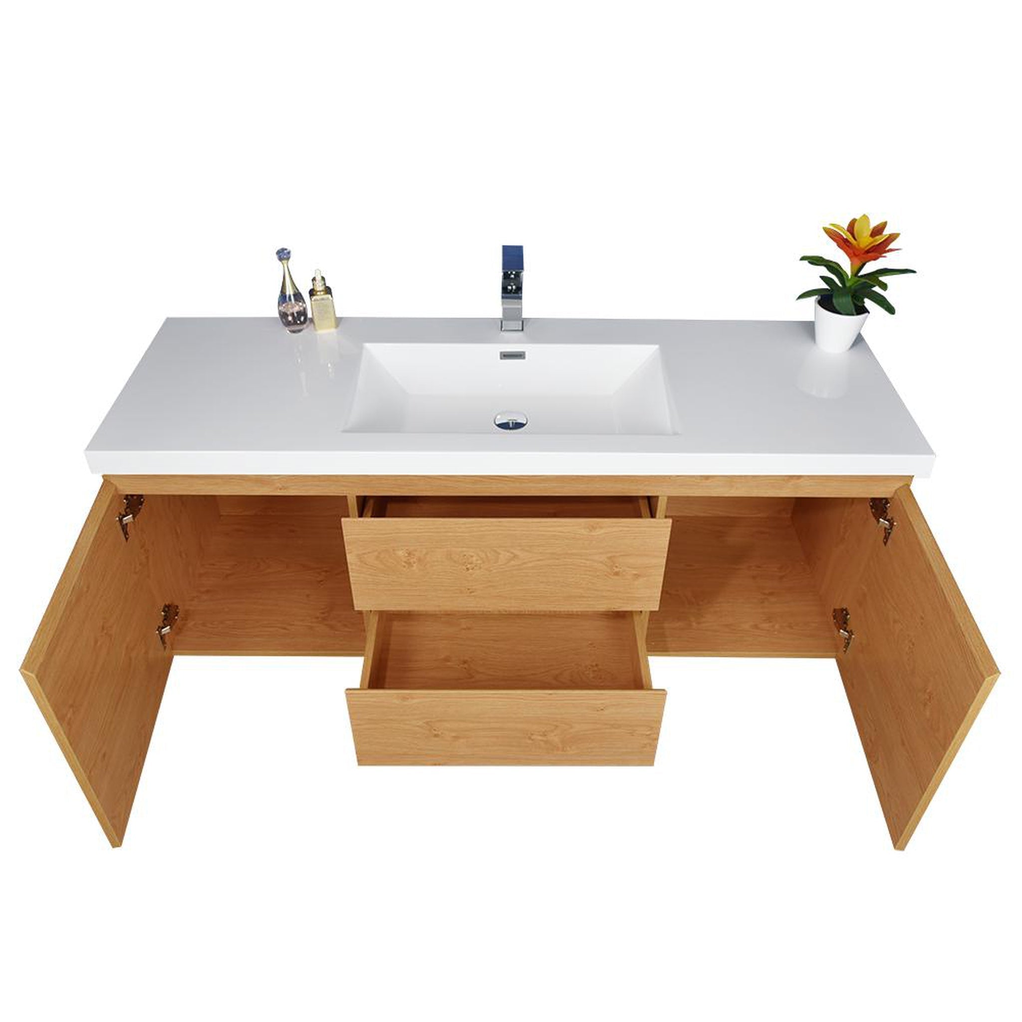 Boho Elegance 60&quot; New England Oak Wall-Mounted Vanity With Single Reinforced White Acrylic Sink