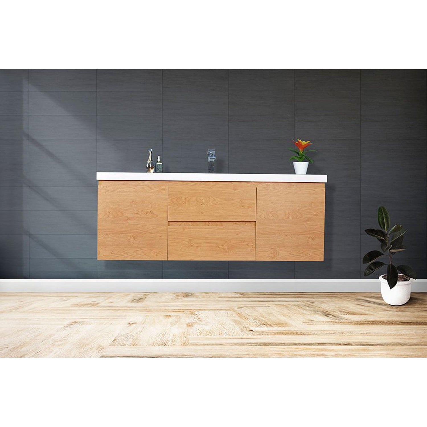 Boho Elegance 60&quot; New England Oak Wall-Mounted Vanity With Single Reinforced White Acrylic Sink