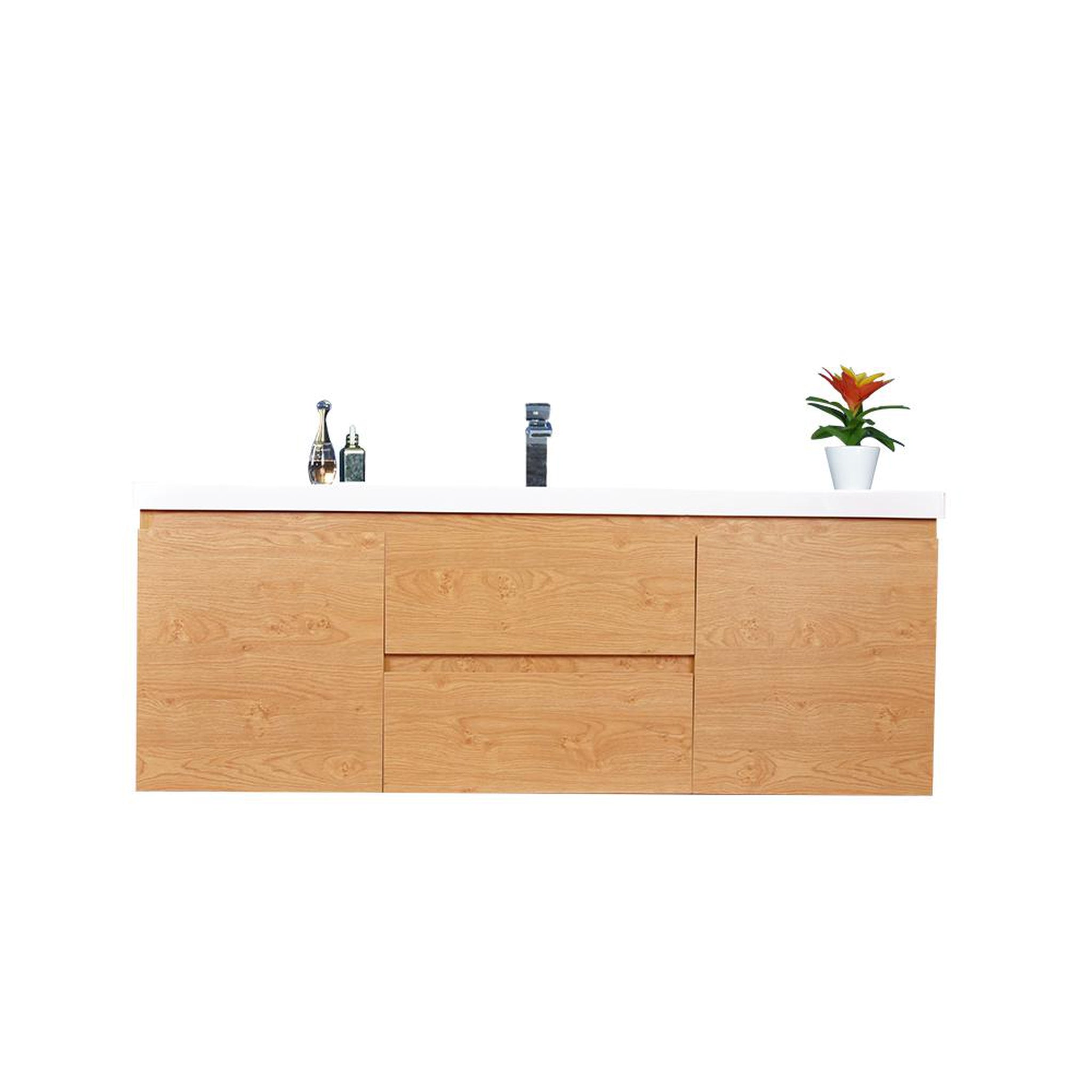 Boho Elegance 60&quot; New England Oak Wall-Mounted Vanity With Single Reinforced White Acrylic Sink