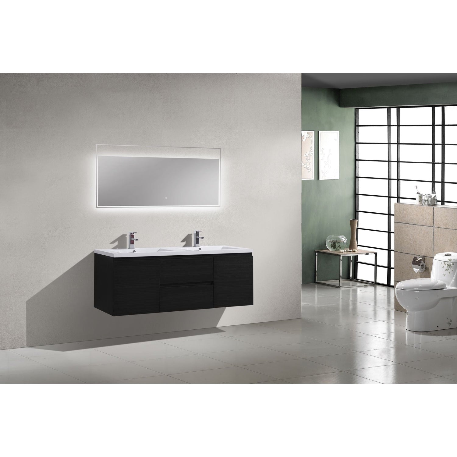 Boho Elegance 60&quot; Rich Black Wall-Mounted Vanity With Double Reinforced White Acrylic Sinks