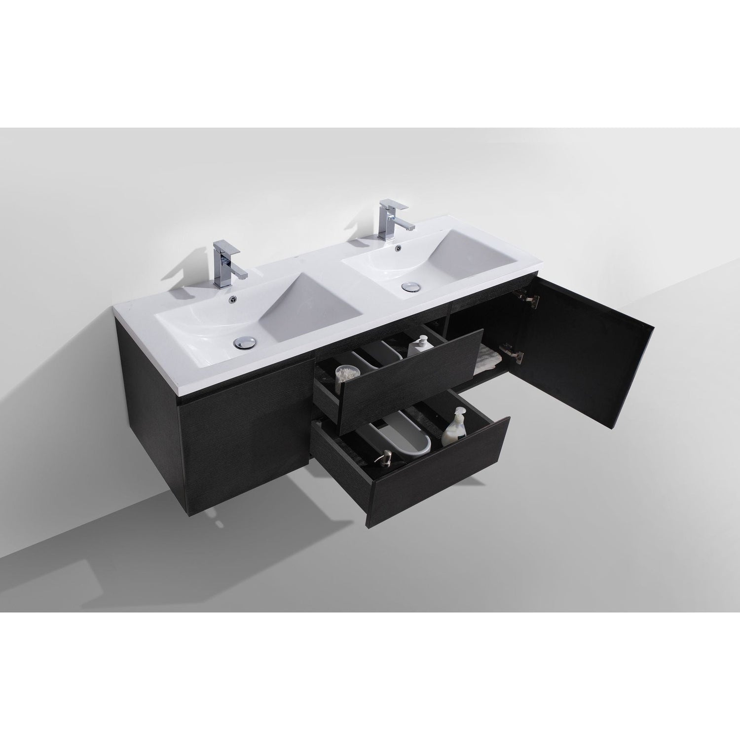 Boho Elegance 60&quot; Rich Black Wall-Mounted Vanity With Double Reinforced White Acrylic Sinks