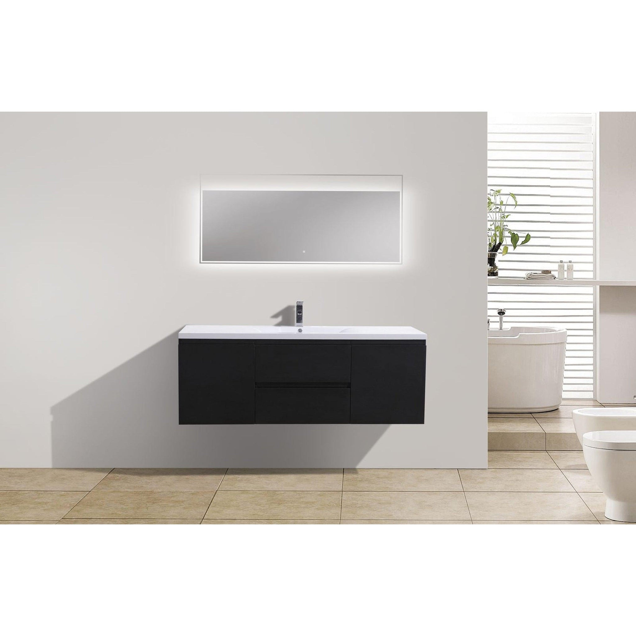 Boho Elegance 60&quot; Rich Black Wall-Mounted Vanity With Single Reinforced White Acrylic Sink