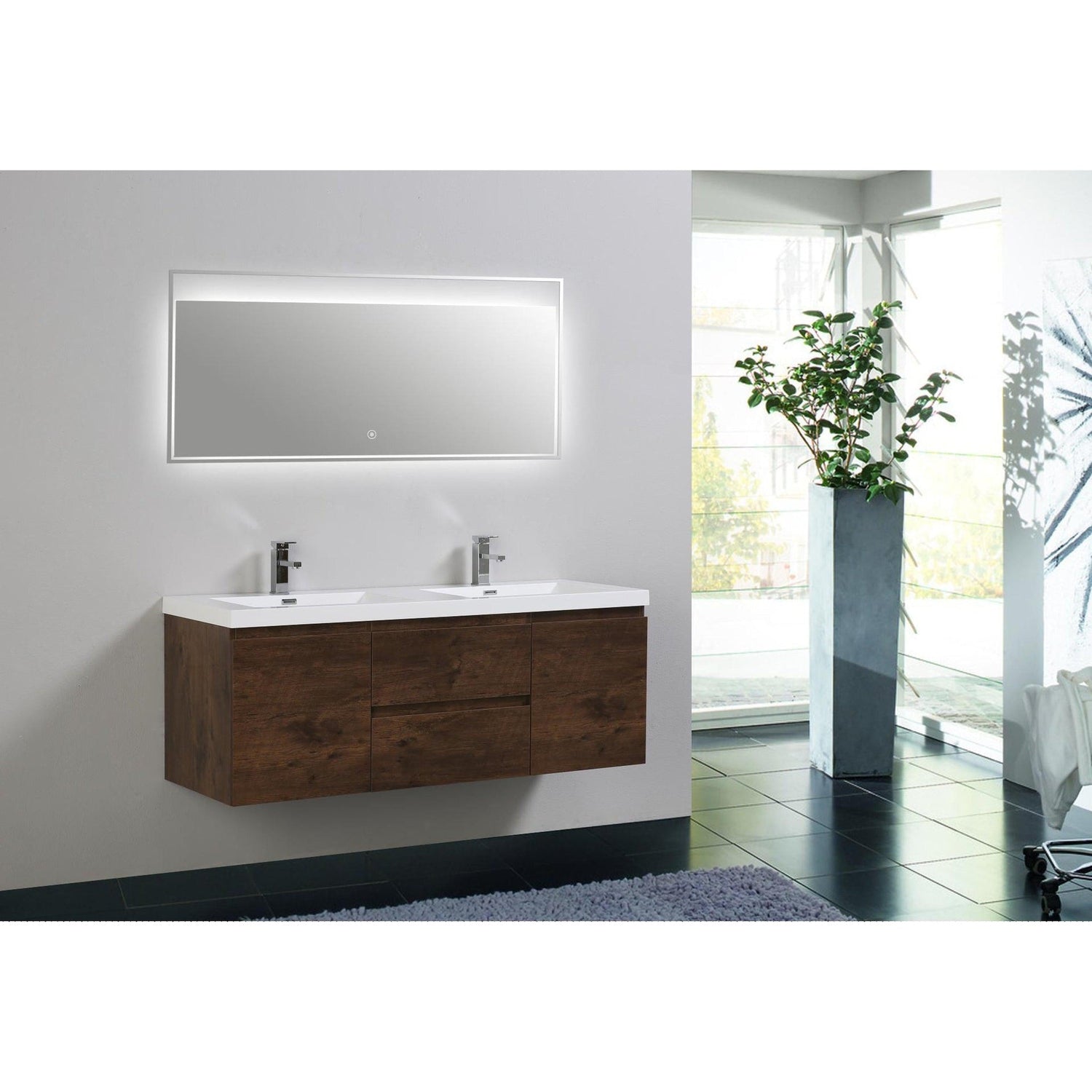 Boho Elegance 60&quot; Rosewood Wall-Mounted Vanity With Double Reinforced White Acrylic Sinks