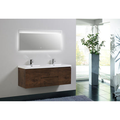 Boho Elegance 60&quot; Rosewood Wall-Mounted Vanity With Double Reinforced White Acrylic Sinks