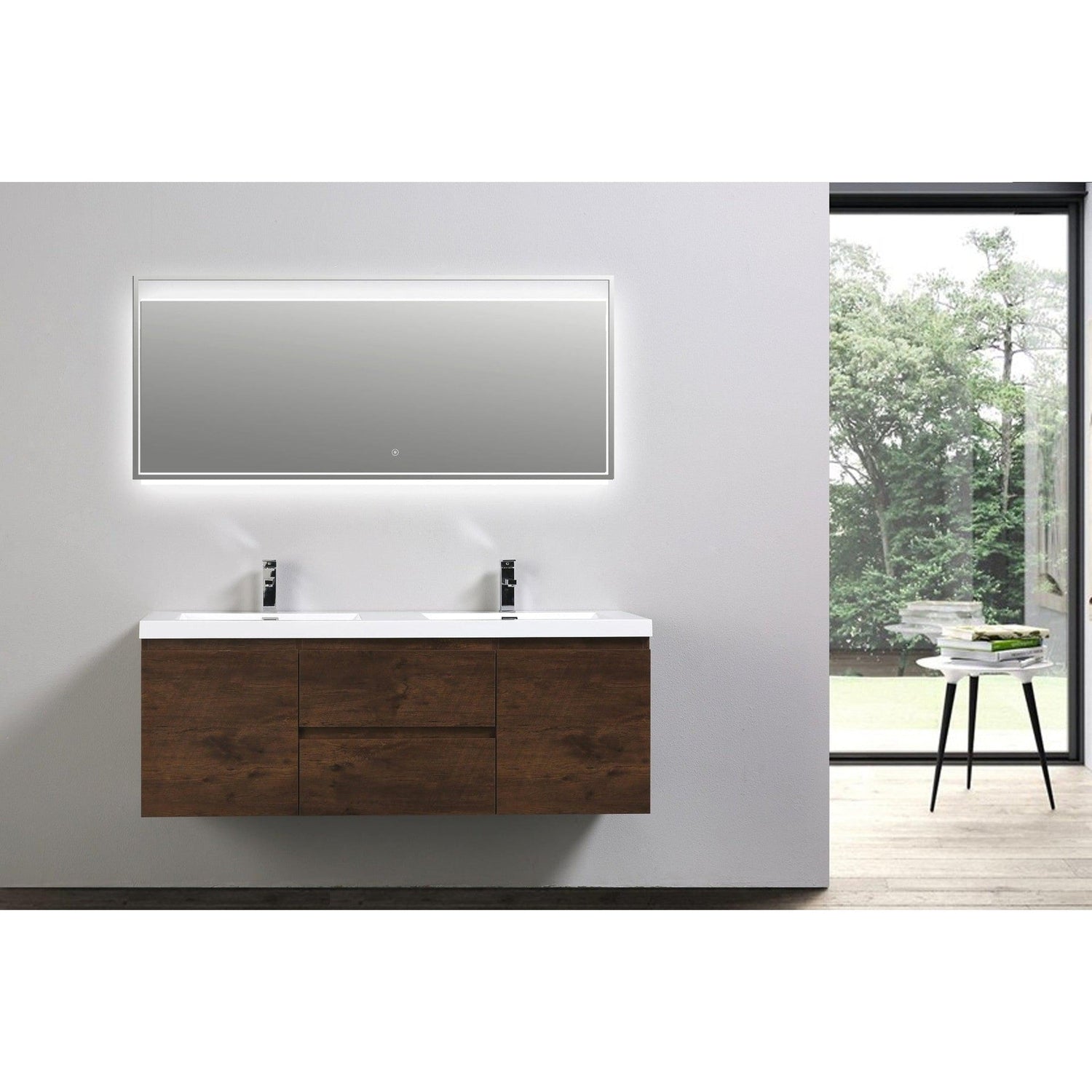 Boho Elegance 60&quot; Rosewood Wall-Mounted Vanity With Double Reinforced White Acrylic Sinks