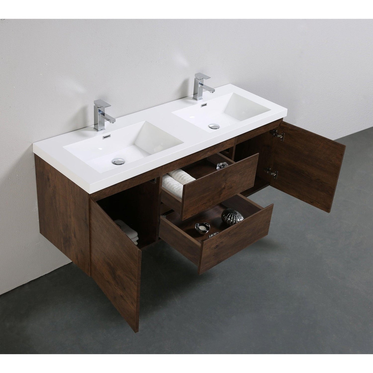 Boho Elegance 60&quot; Rosewood Wall-Mounted Vanity With Double Reinforced White Acrylic Sinks