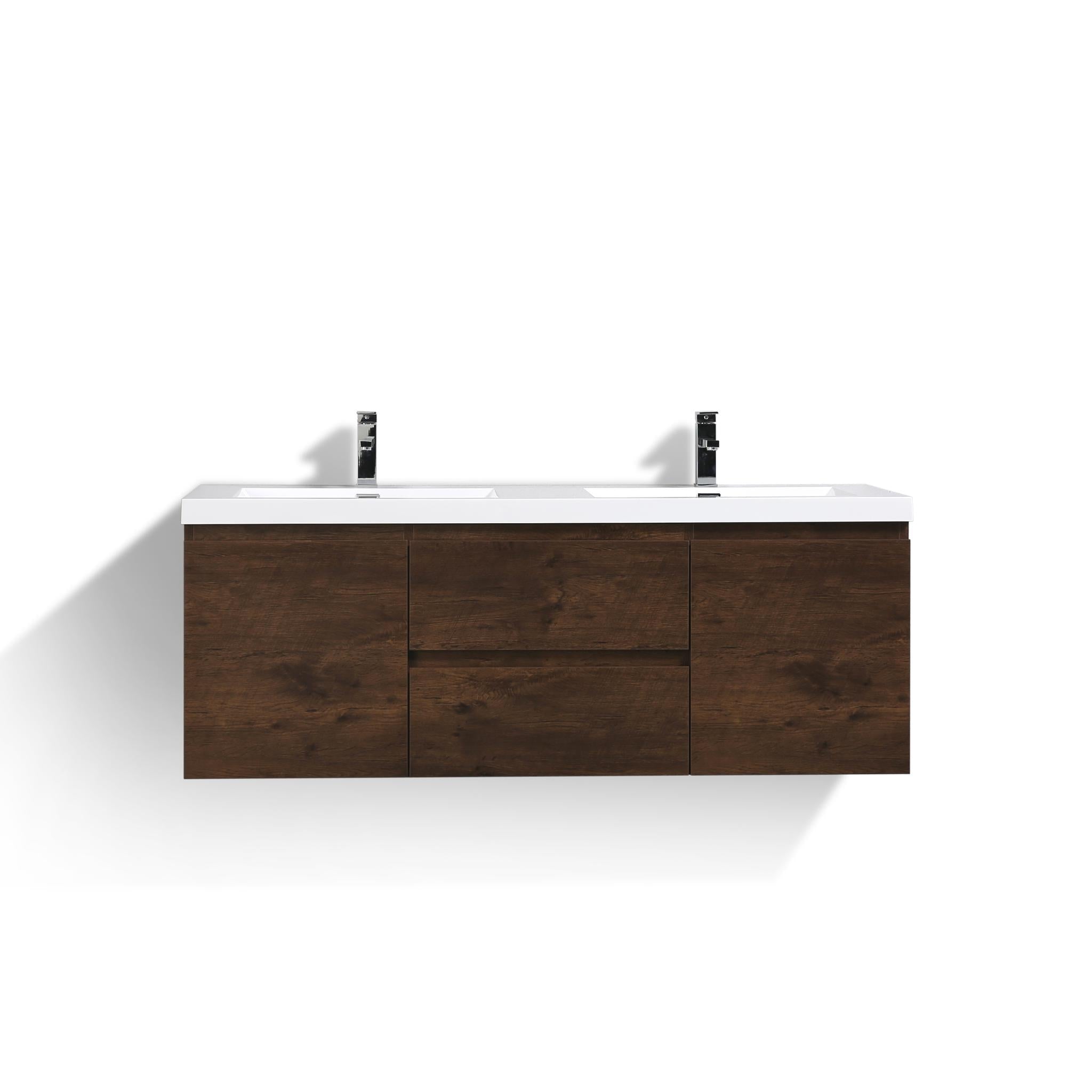 Boho Elegance 60&quot; Rosewood Wall-Mounted Vanity With Double Reinforced White Acrylic Sinks