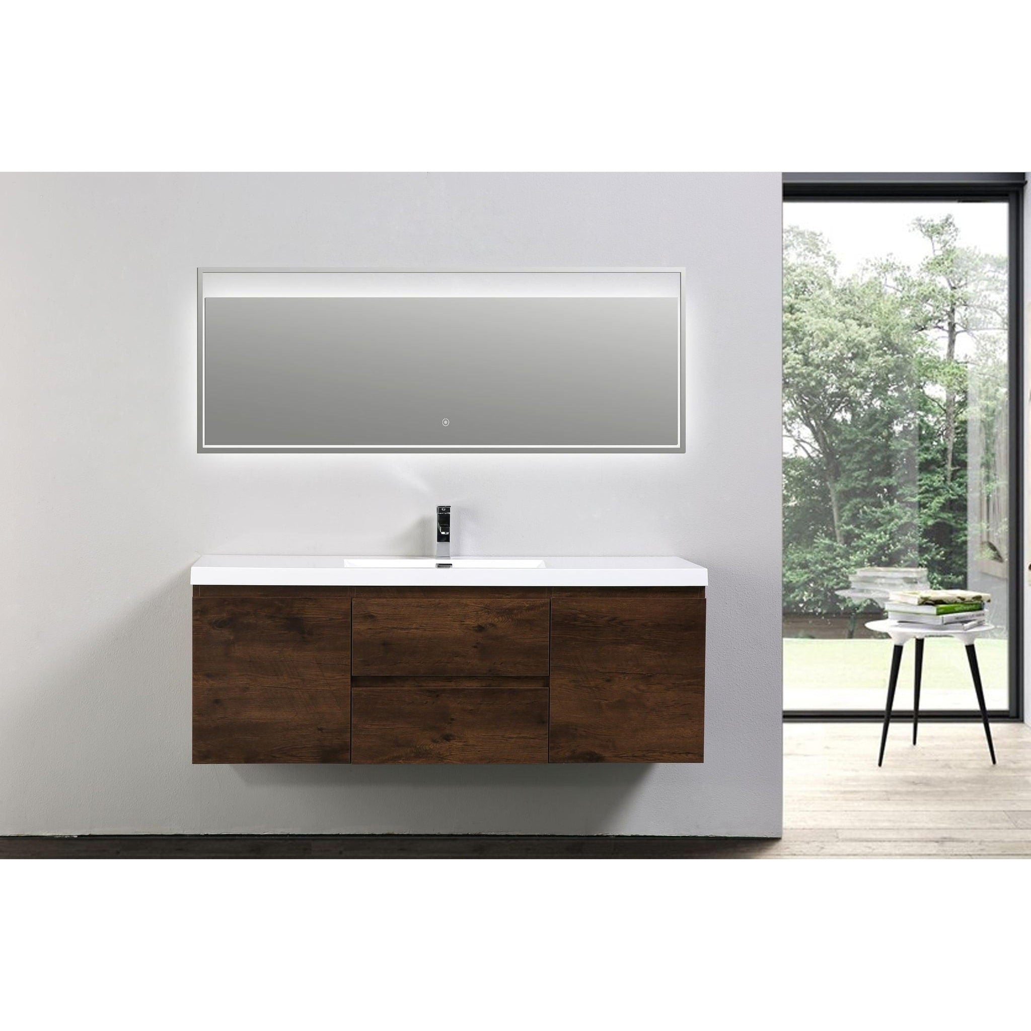 Boho Elegance 60&quot; Rosewood Wall-Mounted Vanity With Single Reinforced White Acrylic Sink