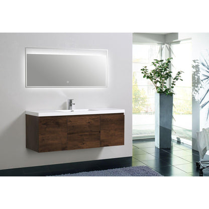 Boho Elegance 60&quot; Rosewood Wall-Mounted Vanity With Single Reinforced White Acrylic Sink