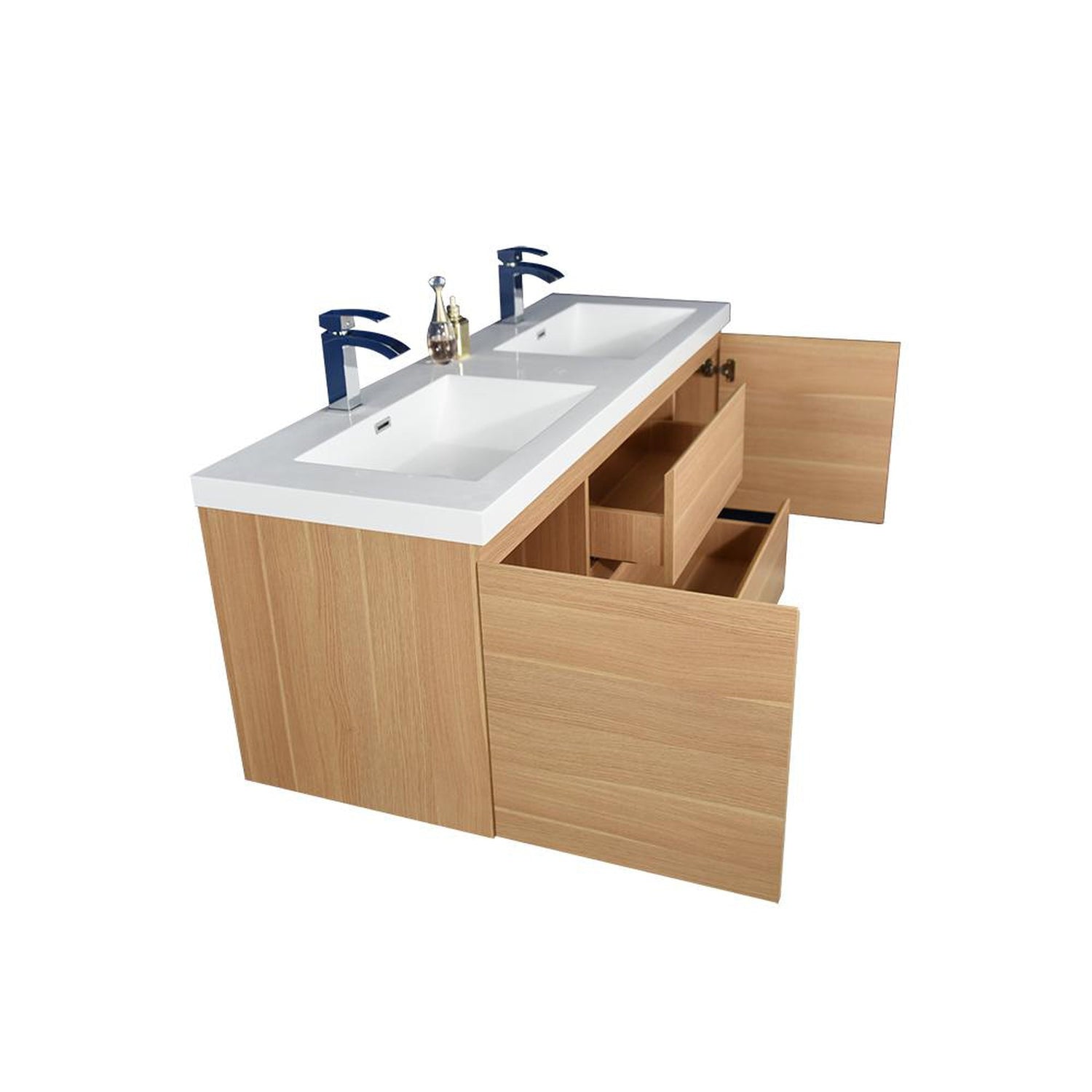 Boho Elegance 60&quot; White Oak Wall-Mounted Vanity With Double Reinforced White Acrylic Sinks