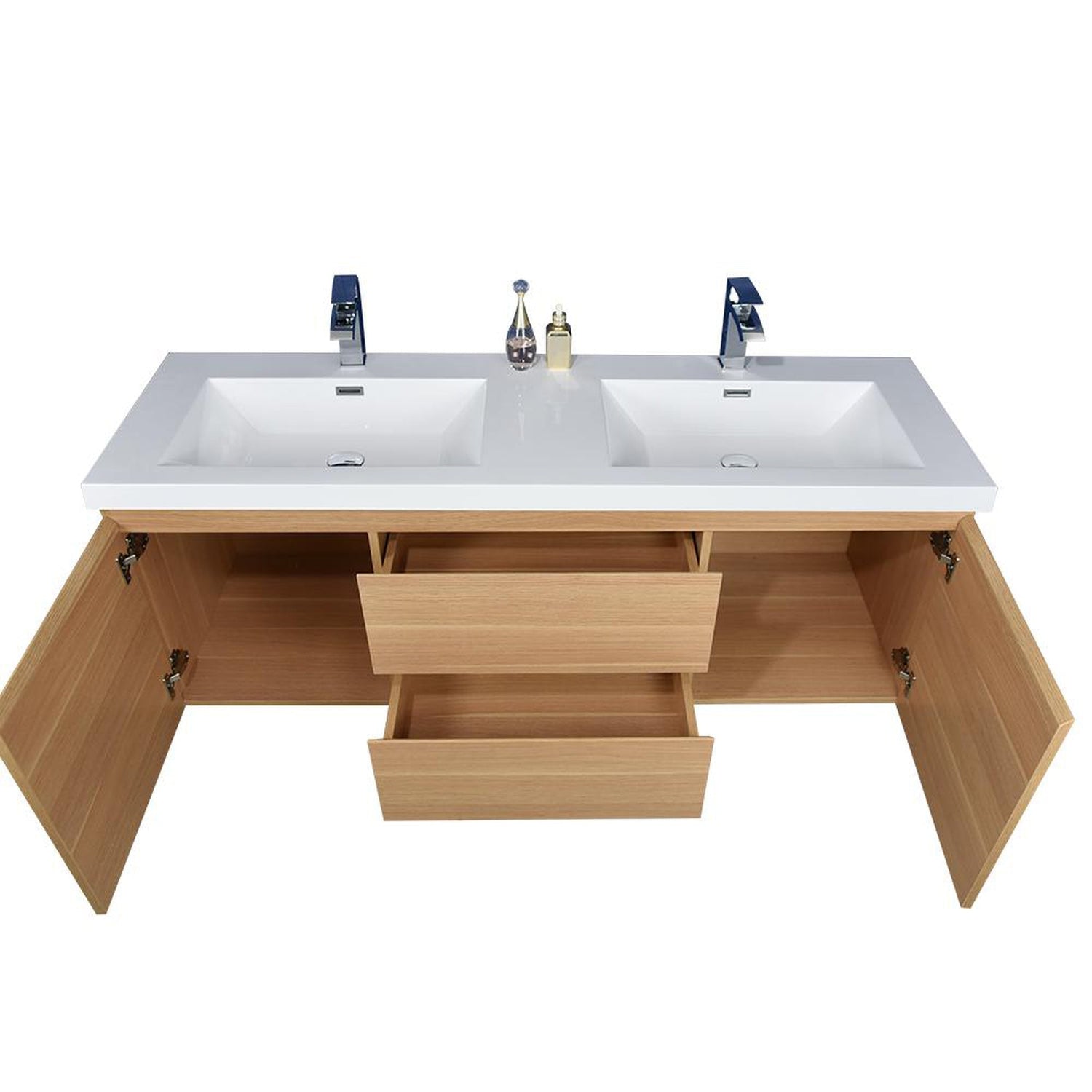 Boho Elegance 60&quot; White Oak Wall-Mounted Vanity With Double Reinforced White Acrylic Sinks