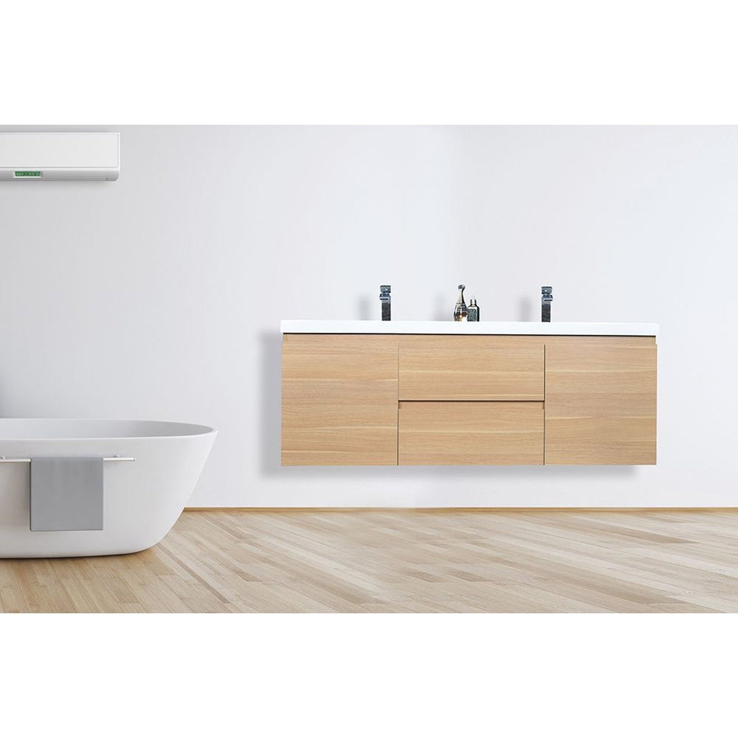 Boho Elegance 60&quot; White Oak Wall-Mounted Vanity With Double Reinforced White Acrylic Sinks