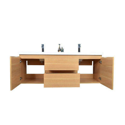 Boho Elegance 60&quot; White Oak Wall-Mounted Vanity With Double Reinforced White Acrylic Sinks