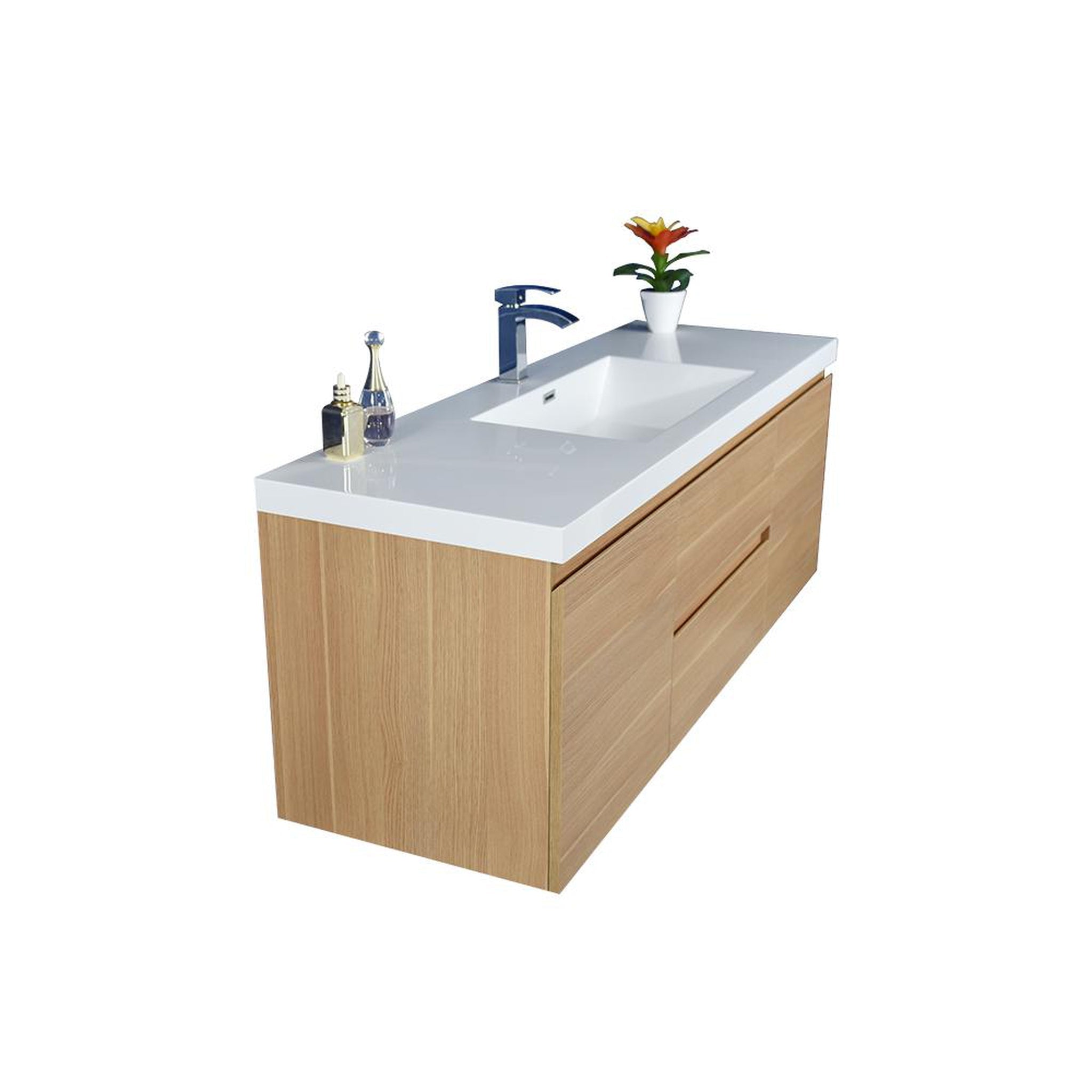 Boho Elegance 60&quot; White Oak Wall-Mounted Vanity With Single Reinforced White Acrylic Sink