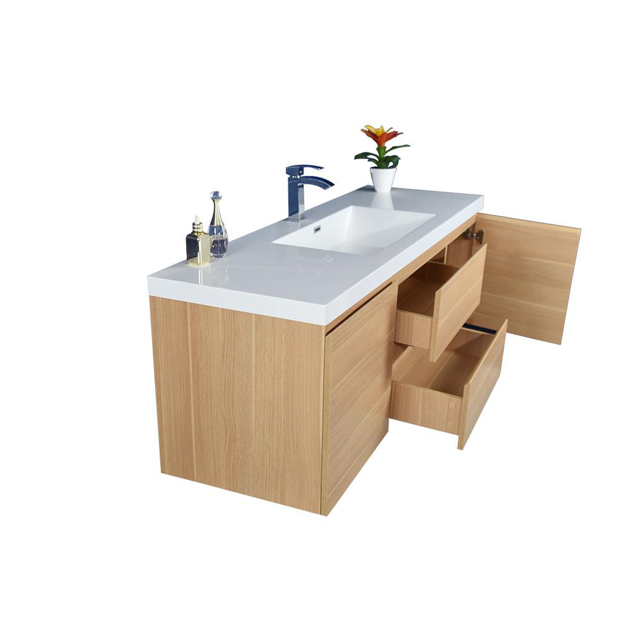 Boho Elegance 60&quot; White Oak Wall-Mounted Vanity With Single Reinforced White Acrylic Sink