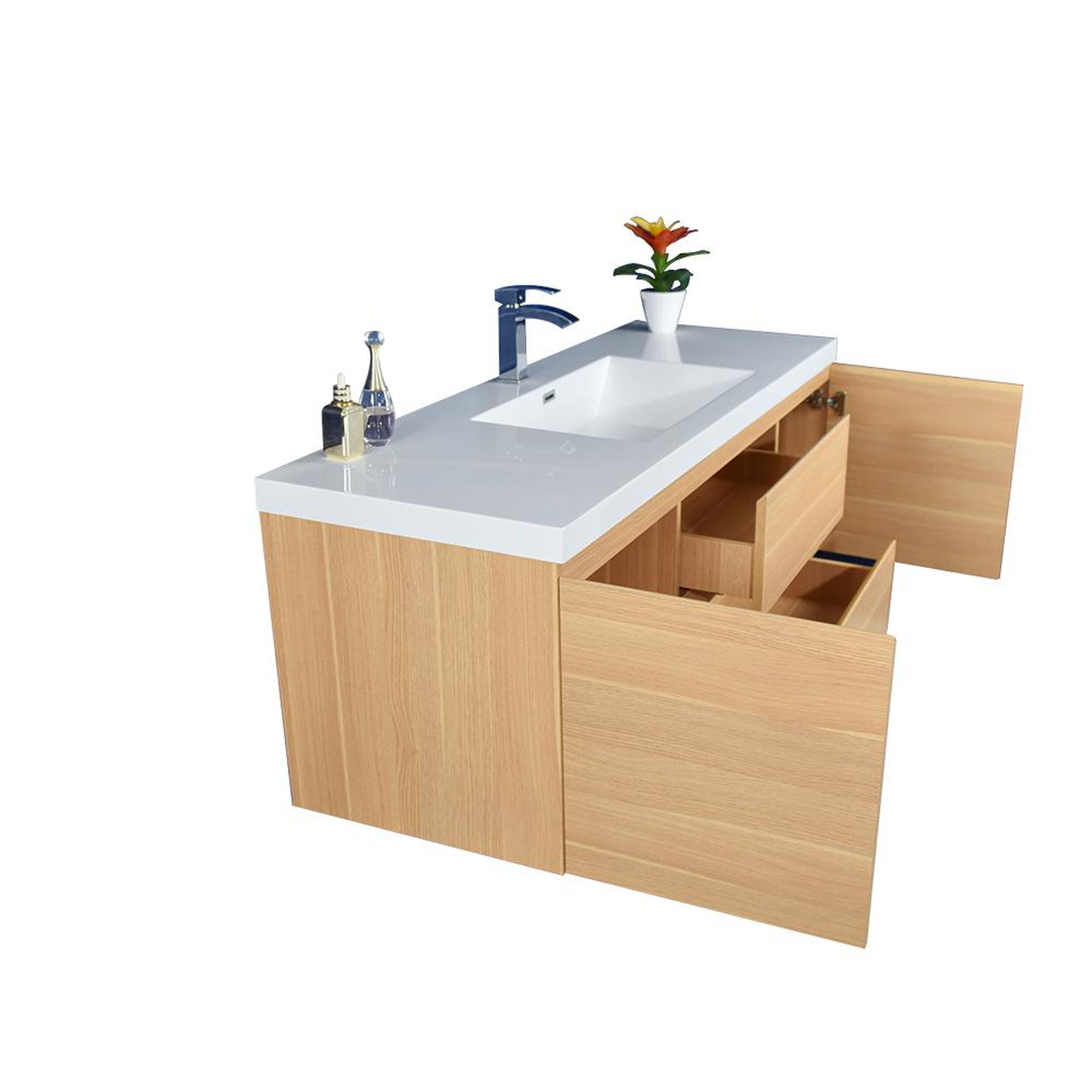 Boho Elegance 60&quot; White Oak Wall-Mounted Vanity With Single Reinforced White Acrylic Sink